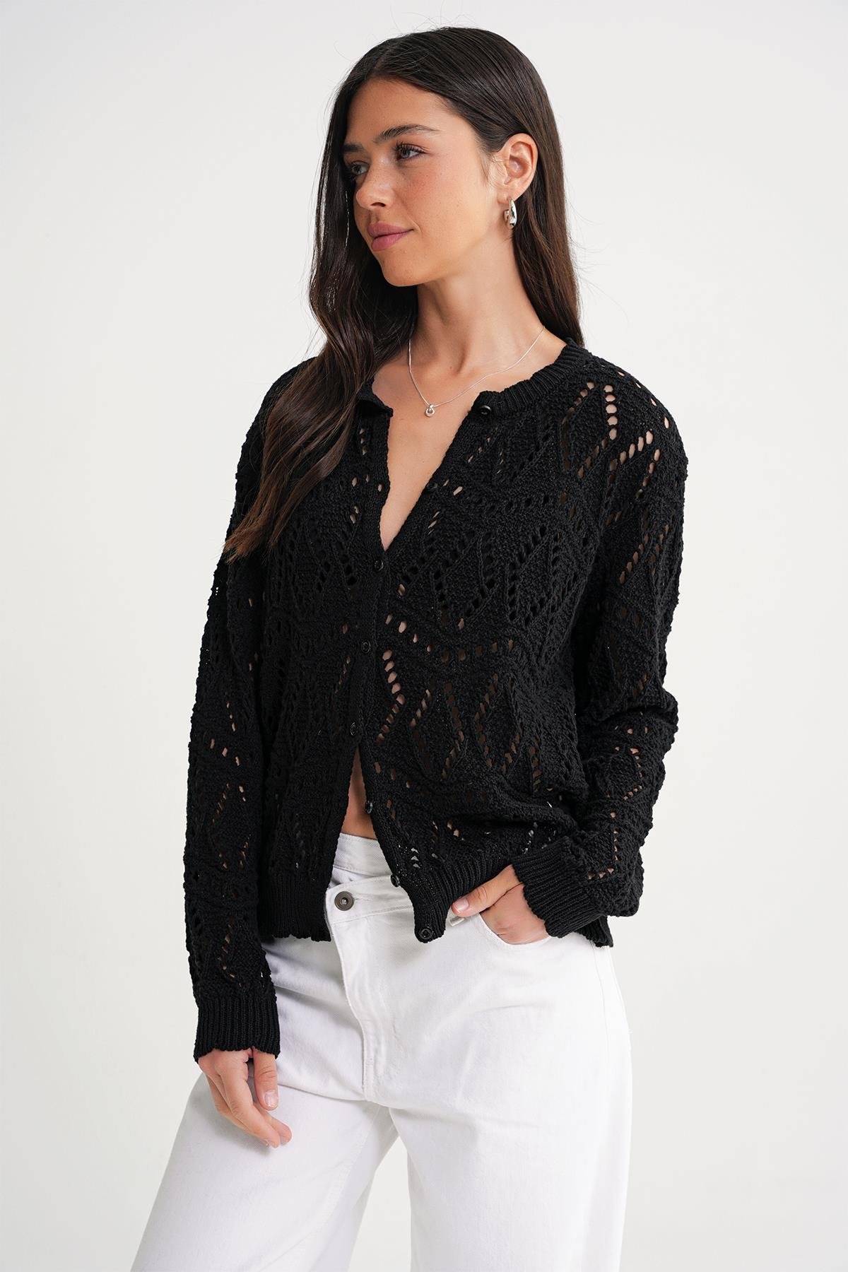 6934 Kadın Baklava Desenli Mevsimlik Ajurlu Hırka Siyah