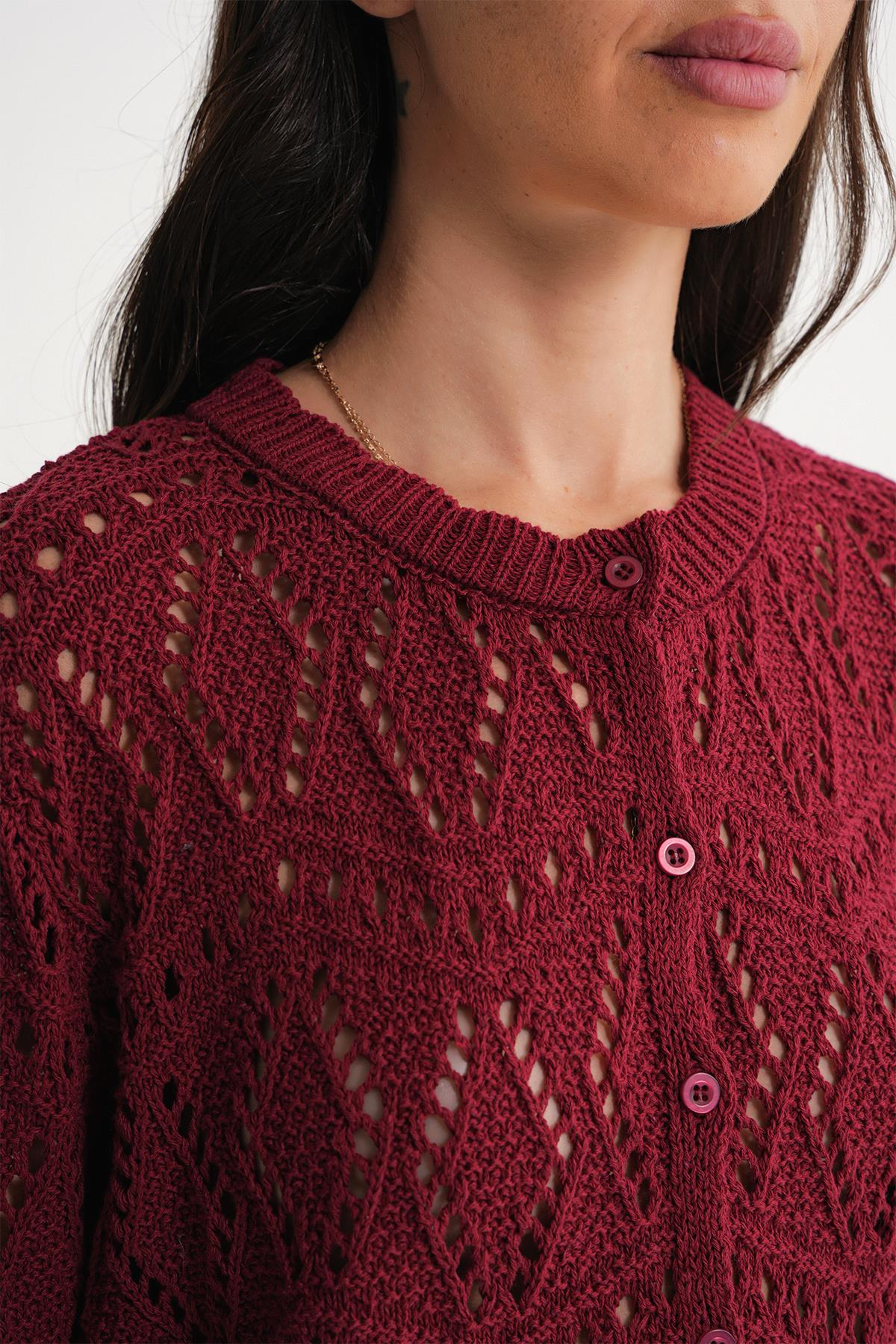 6934 Kadın Baklava Desenli Mevsimlik Ajurlu Hırka Bordo