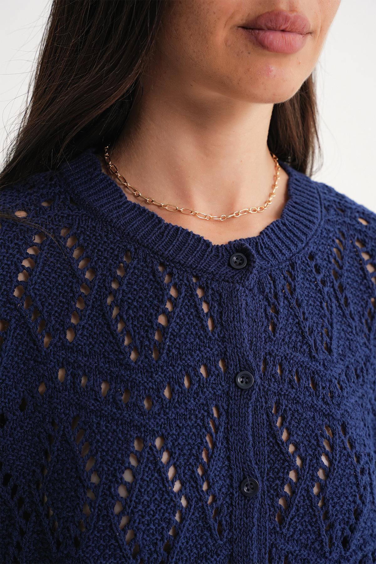 6934 Kadın Baklava Desenli Mevsimlik Ajurlu Hırka Lacivert