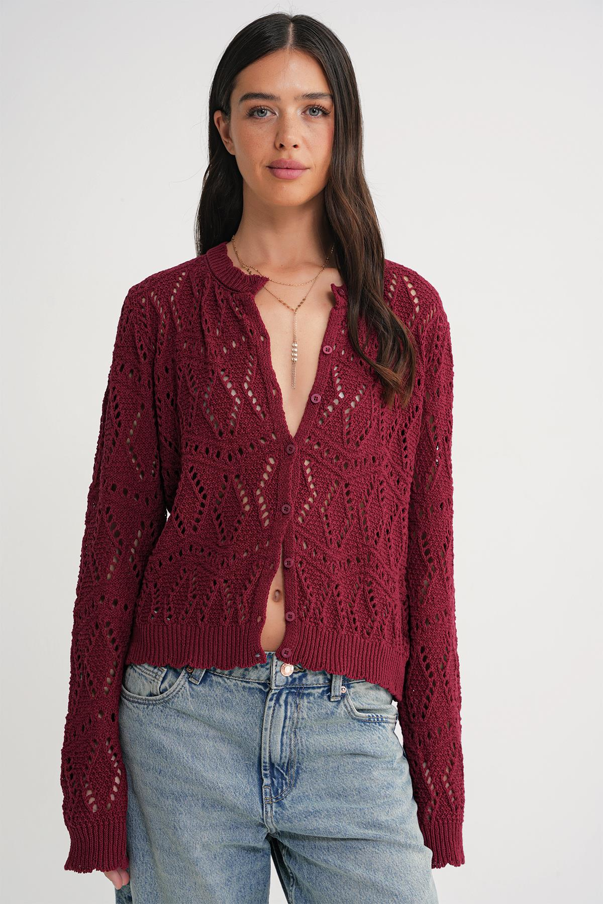 6934 Kadın Baklava Desenli Mevsimlik Ajurlu Hırka Bordo