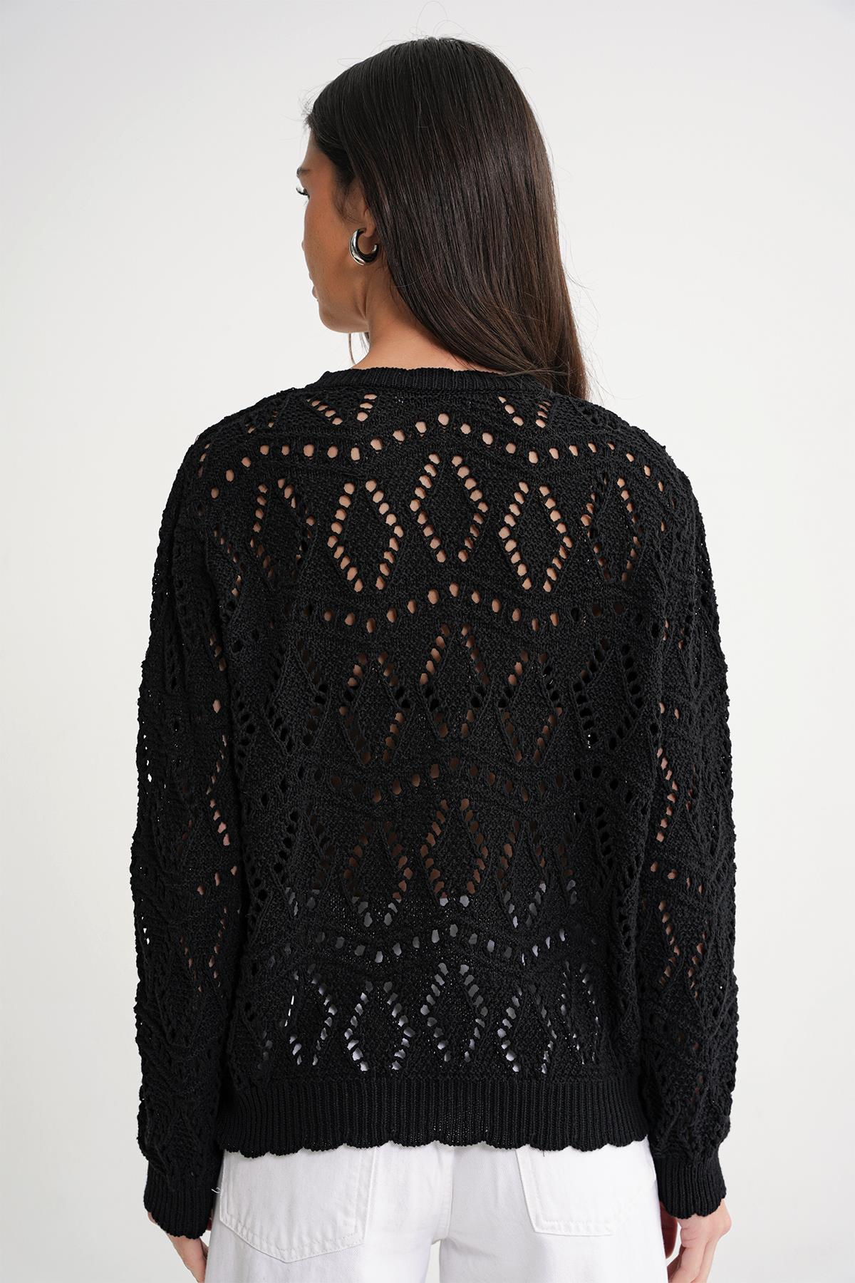 6934 Kadın Baklava Desenli Mevsimlik Ajurlu Hırka Siyah