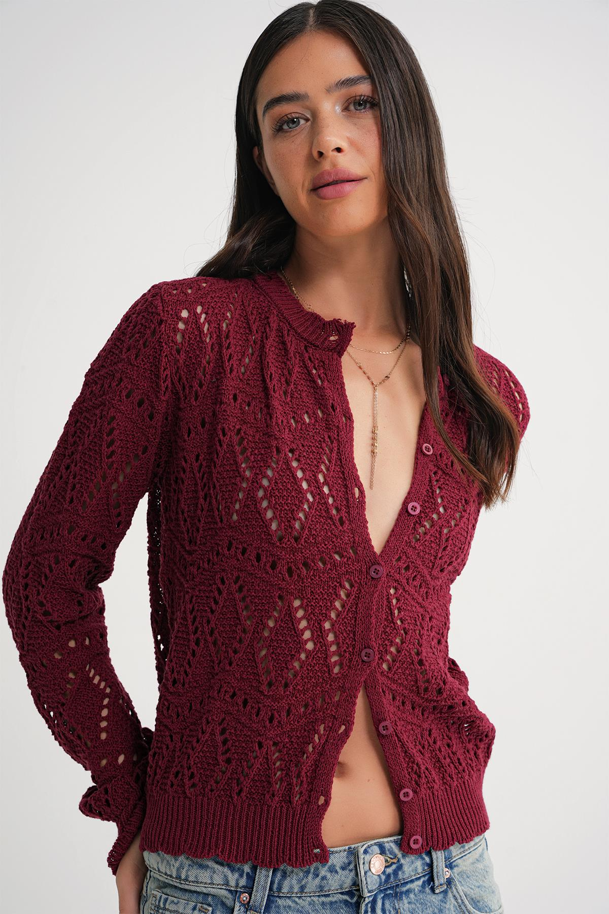 6934 Kadın Baklava Desenli Mevsimlik Ajurlu Hırka Bordo