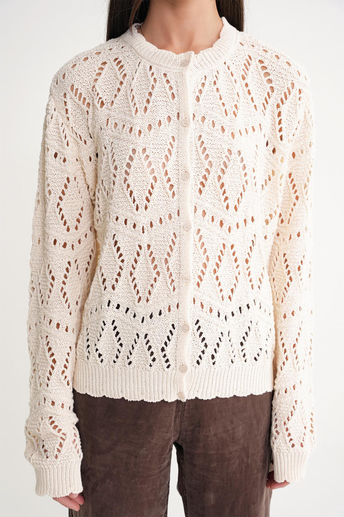 6934 Kadın Baklava Desenli Mevsimlik Ajurlu Hırka Naturel