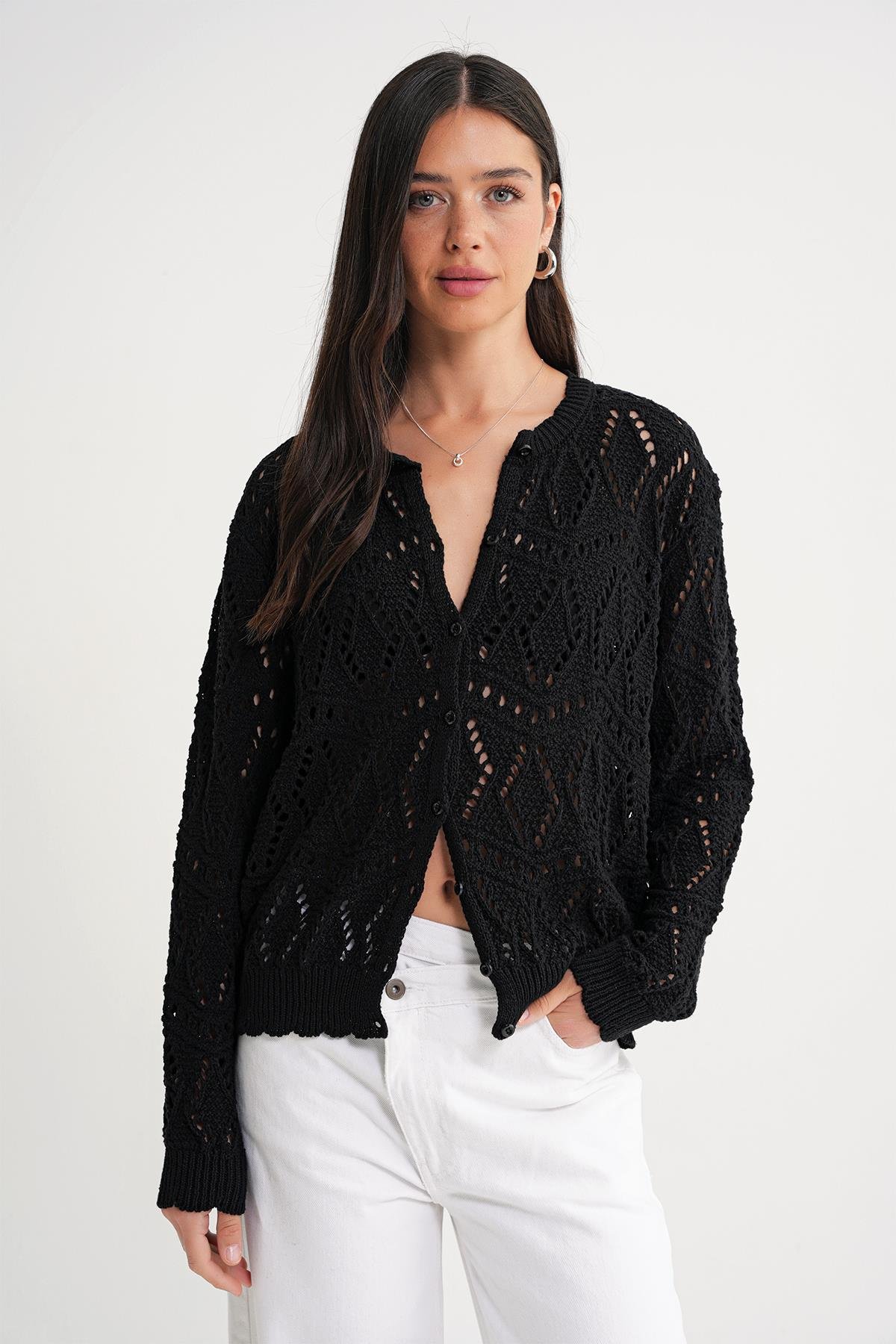 6934 Kadın Baklava Desenli Mevsimlik Ajurlu Hırka Siyah