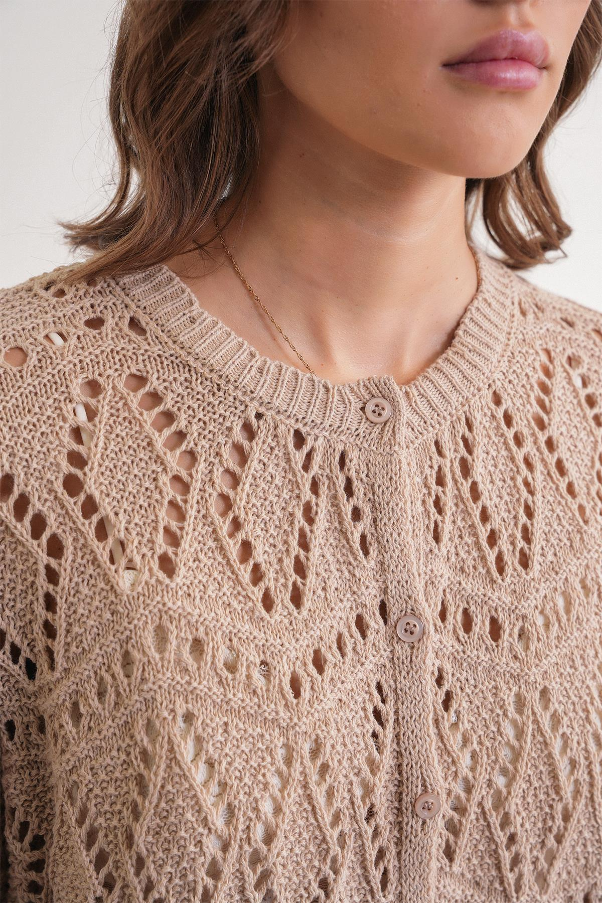 6934 Kadın Baklava Desenli Mevsimlik Ajurlu Hırka Camel