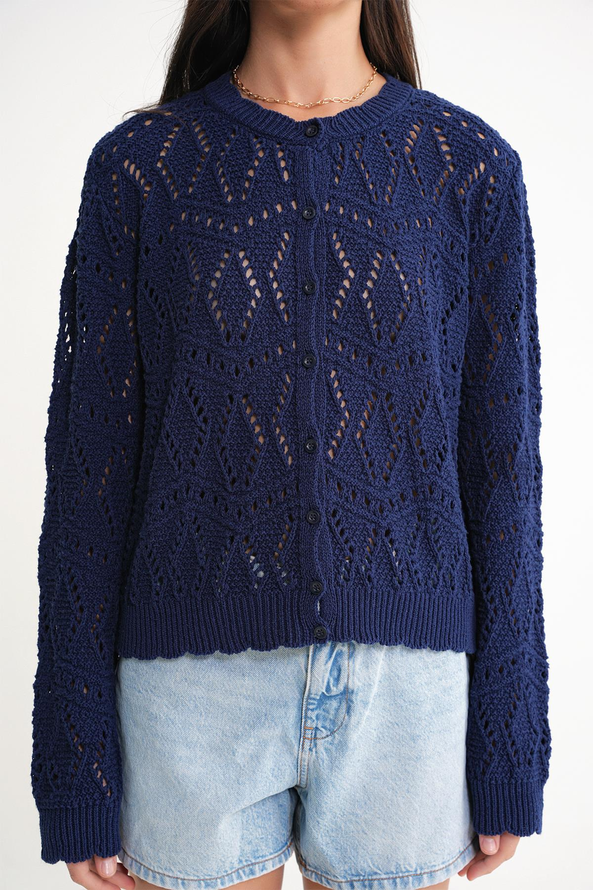 6934 Kadın Baklava Desenli Mevsimlik Ajurlu Hırka Lacivert