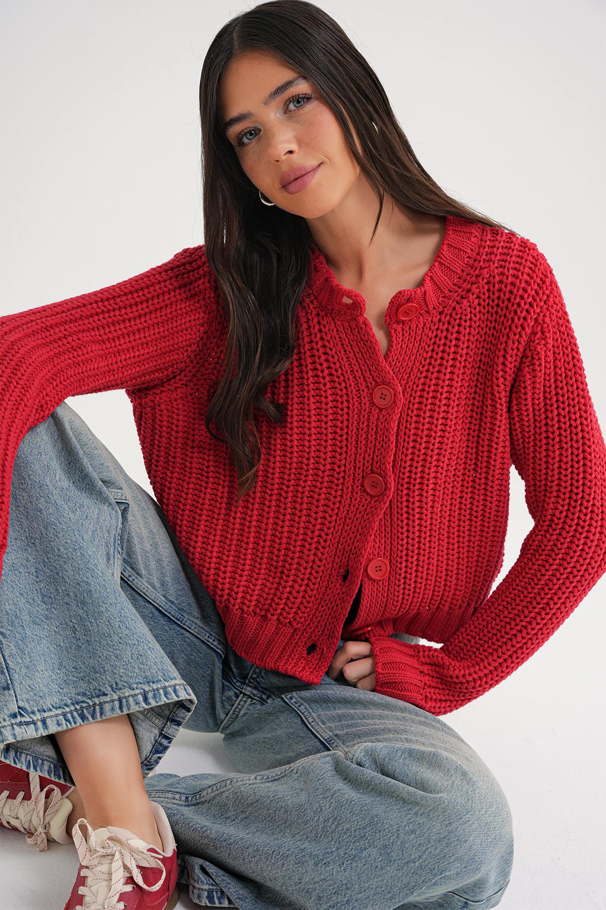 6936 Kadın Selanik Düğmeli Regular Fit Triko Hırka Kırmızı