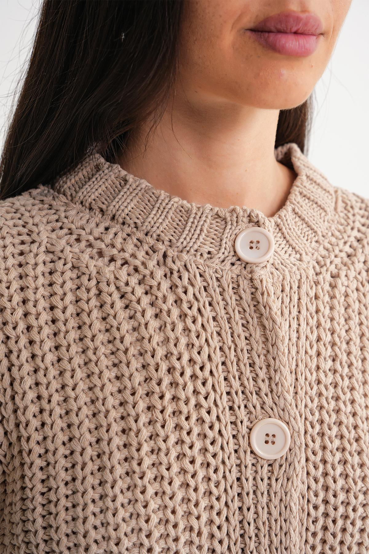 6936 Kadın Selanik Düğmeli Regular Fit Triko Hırka Camel