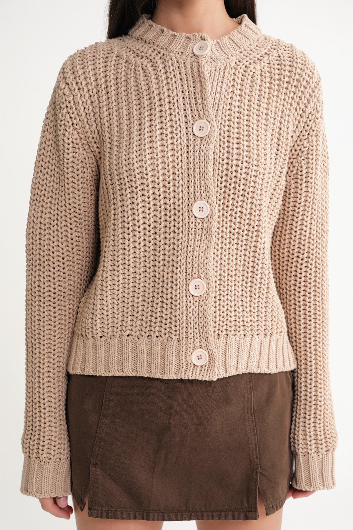 6936 Kadın Selanik Düğmeli Regular Fit Triko Hırka Camel