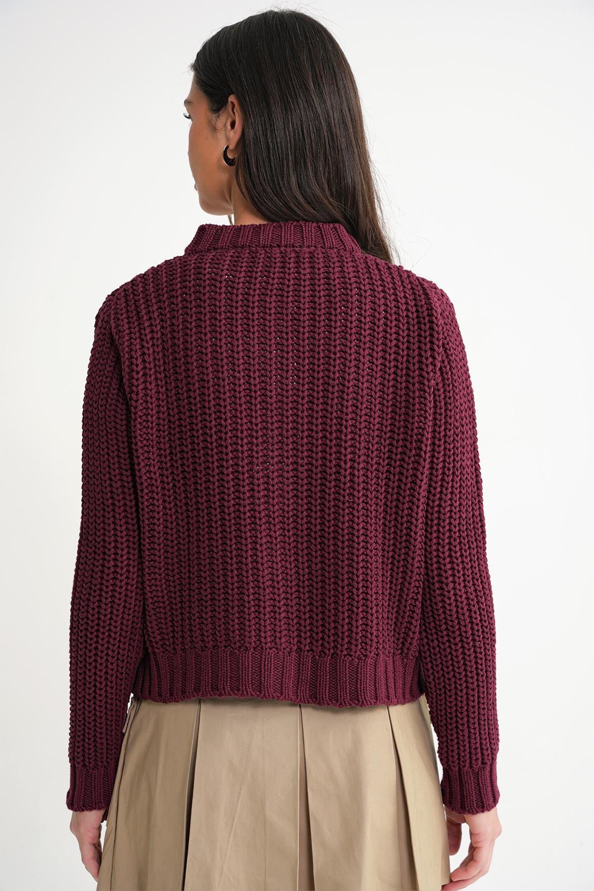 6936 Kadın Selanik Düğmeli Regular Fit Triko Hırka Bordo