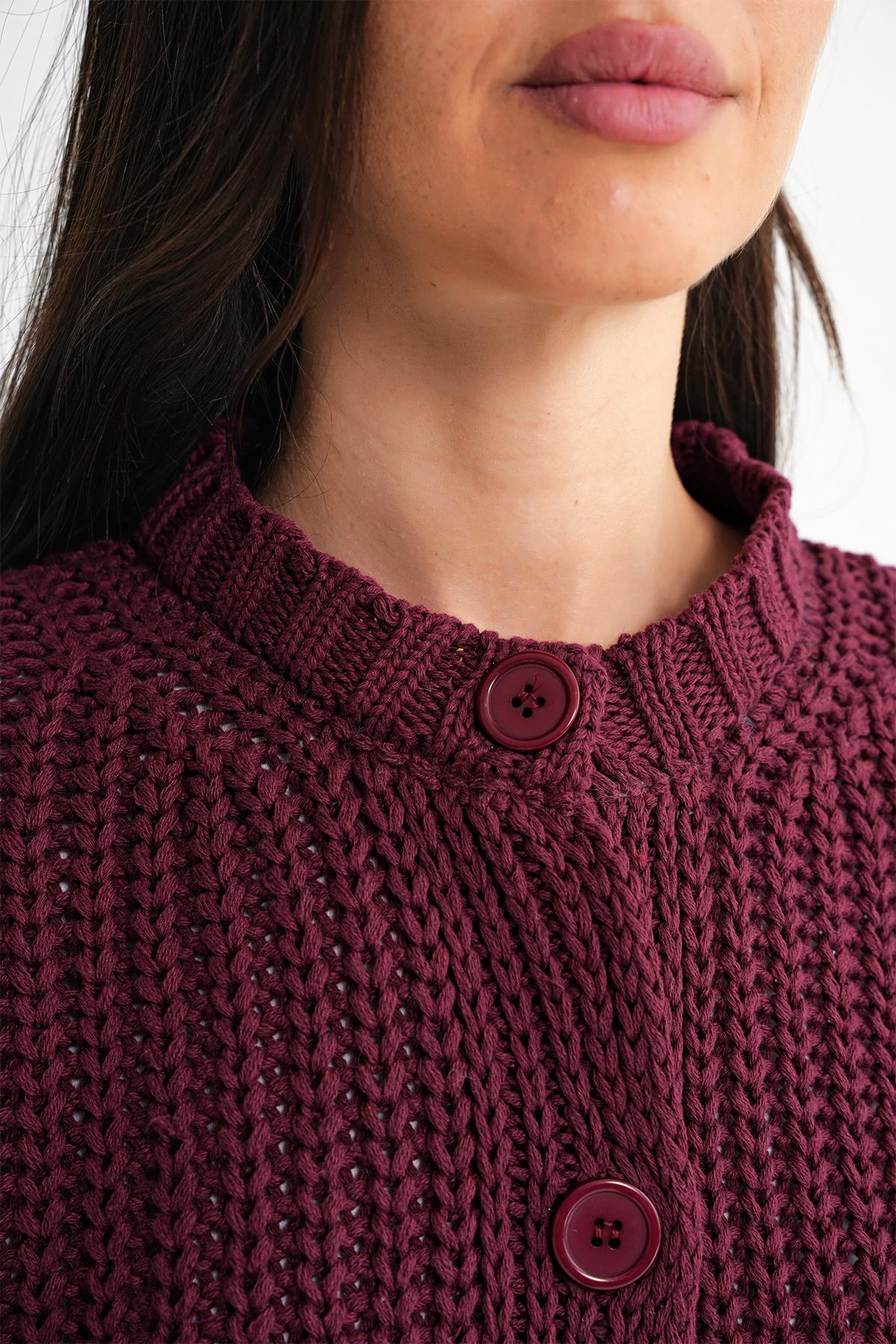 6936 Kadın Selanik Düğmeli Regular Fit Triko Hırka Bordo