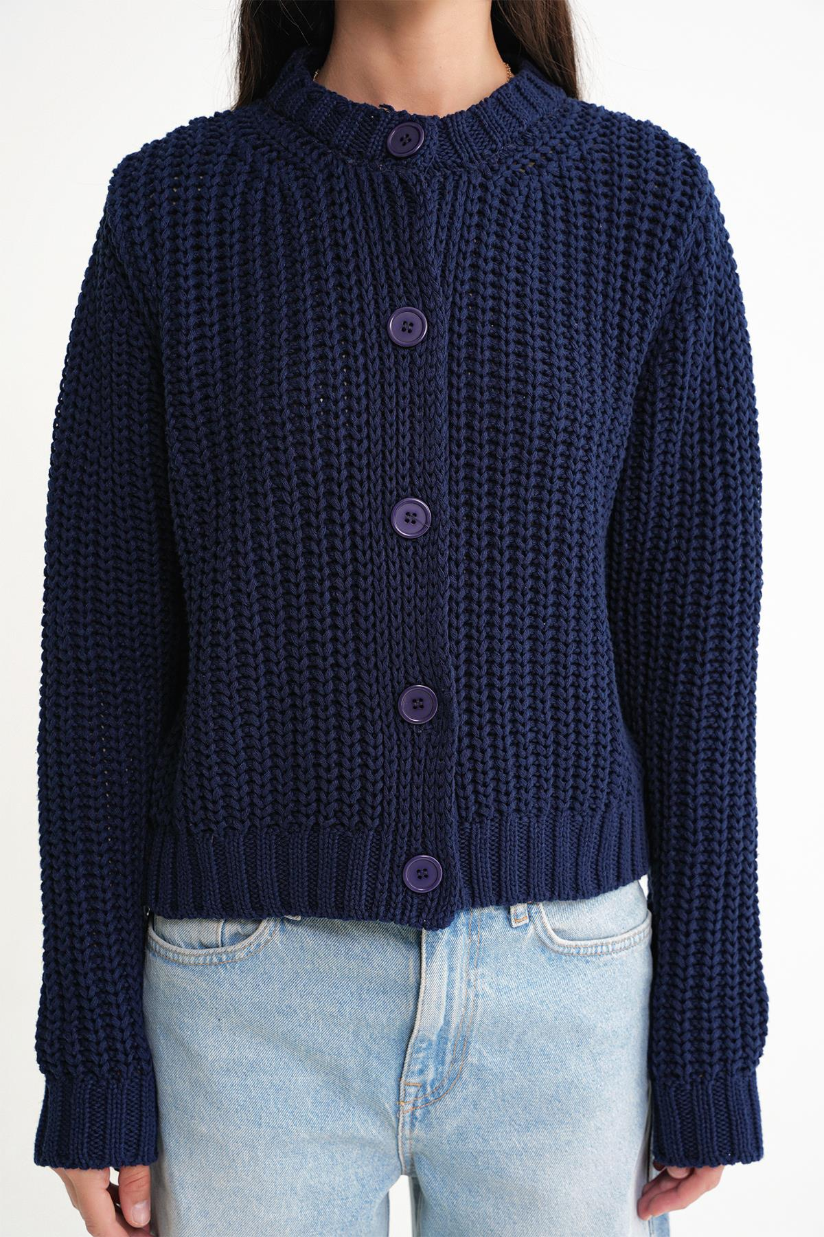 6936 Kadın Selanik Düğmeli Regular Fit Triko Hırka Lacivert