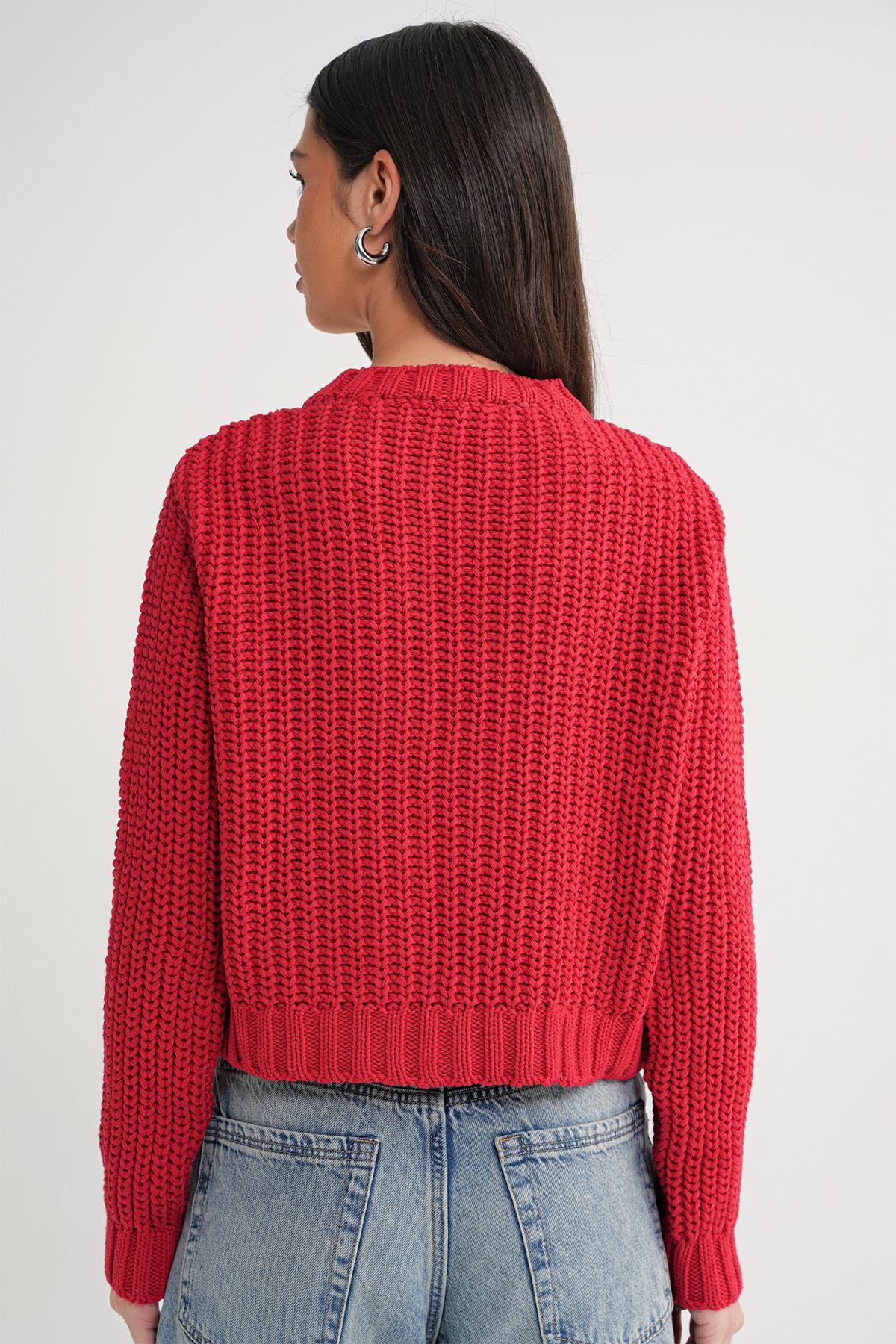 6936 Kadın Selanik Düğmeli Regular Fit Triko Hırka Kırmızı