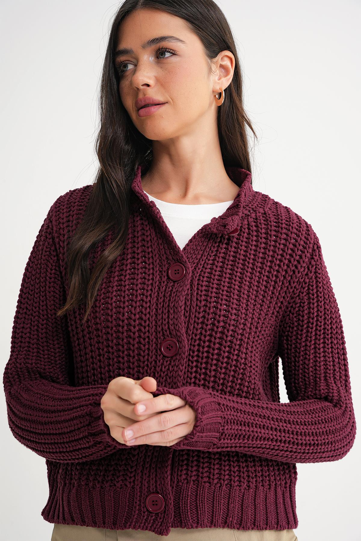 6936 Kadın Selanik Düğmeli Regular Fit Triko Hırka Bordo