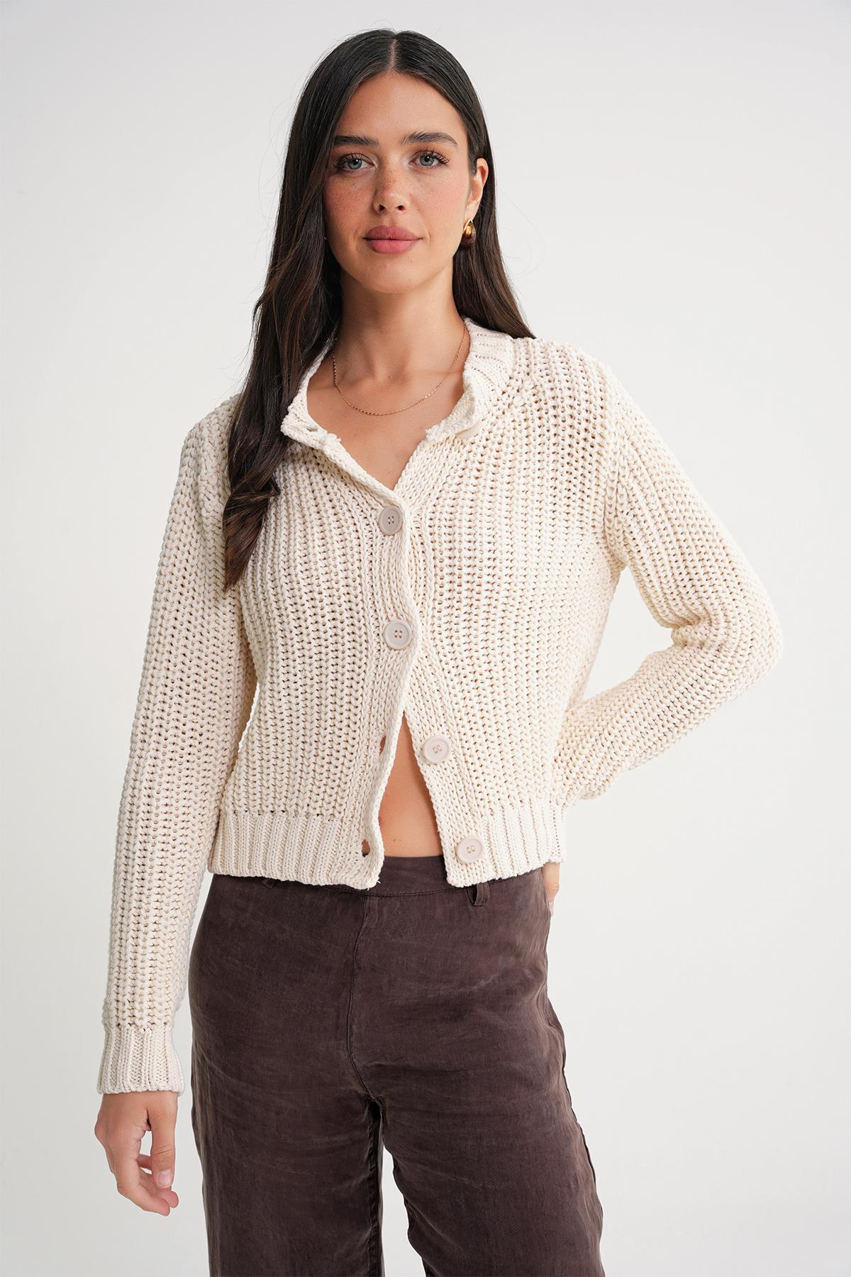 6936 Kadın Selanik Düğmeli Regular Fit Triko Hırka Naturel