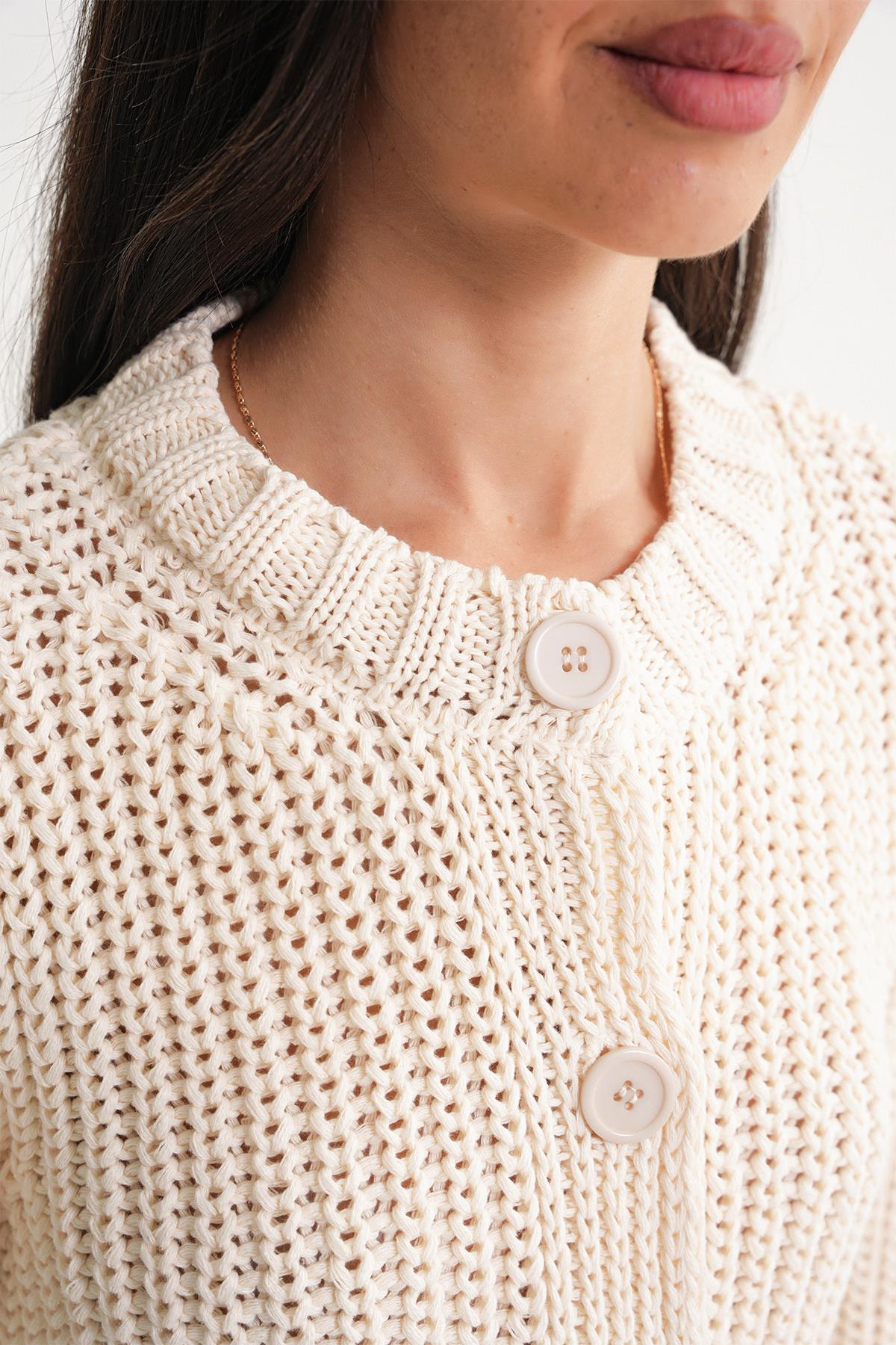 6936 Kadın Selanik Düğmeli Regular Fit Triko Hırka Naturel