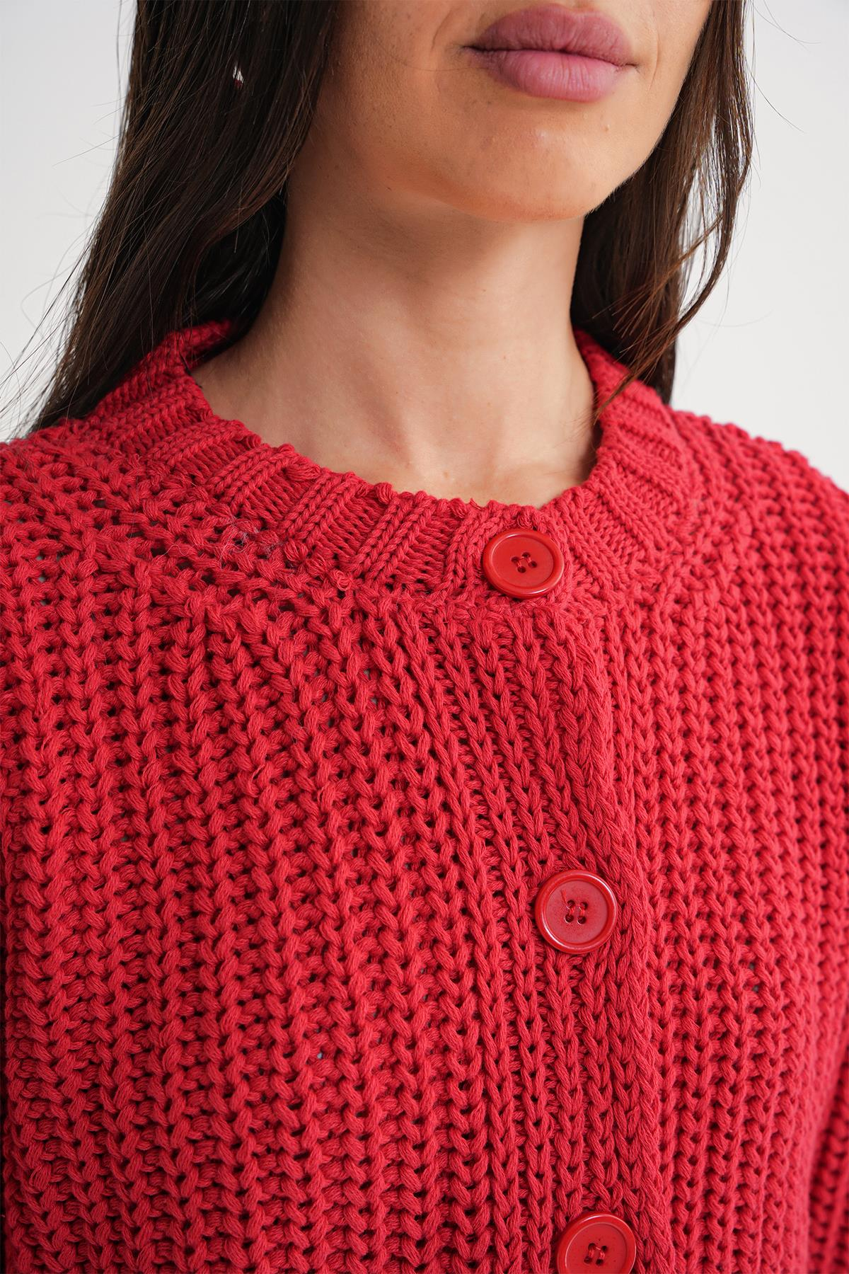 6936 Kadın Selanik Düğmeli Regular Fit Triko Hırka Kırmızı