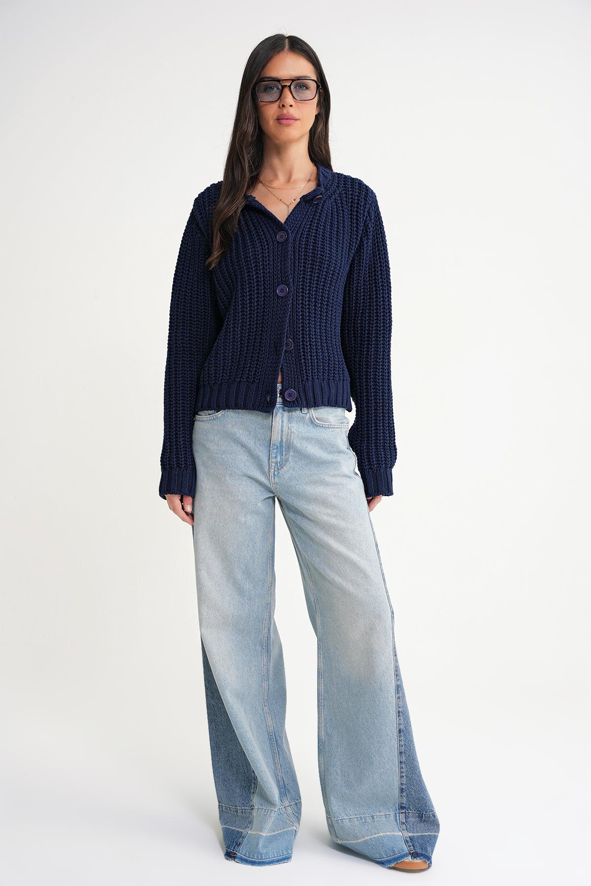 6936 Kadın Selanik Düğmeli Regular Fit Triko Hırka Lacivert