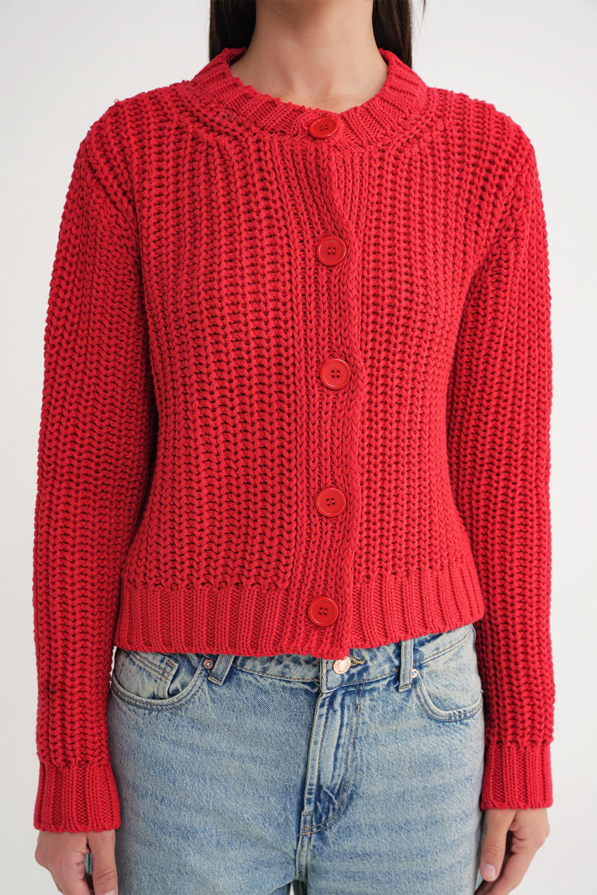 6936 Kadın Selanik Düğmeli Regular Fit Triko Hırka Kırmızı