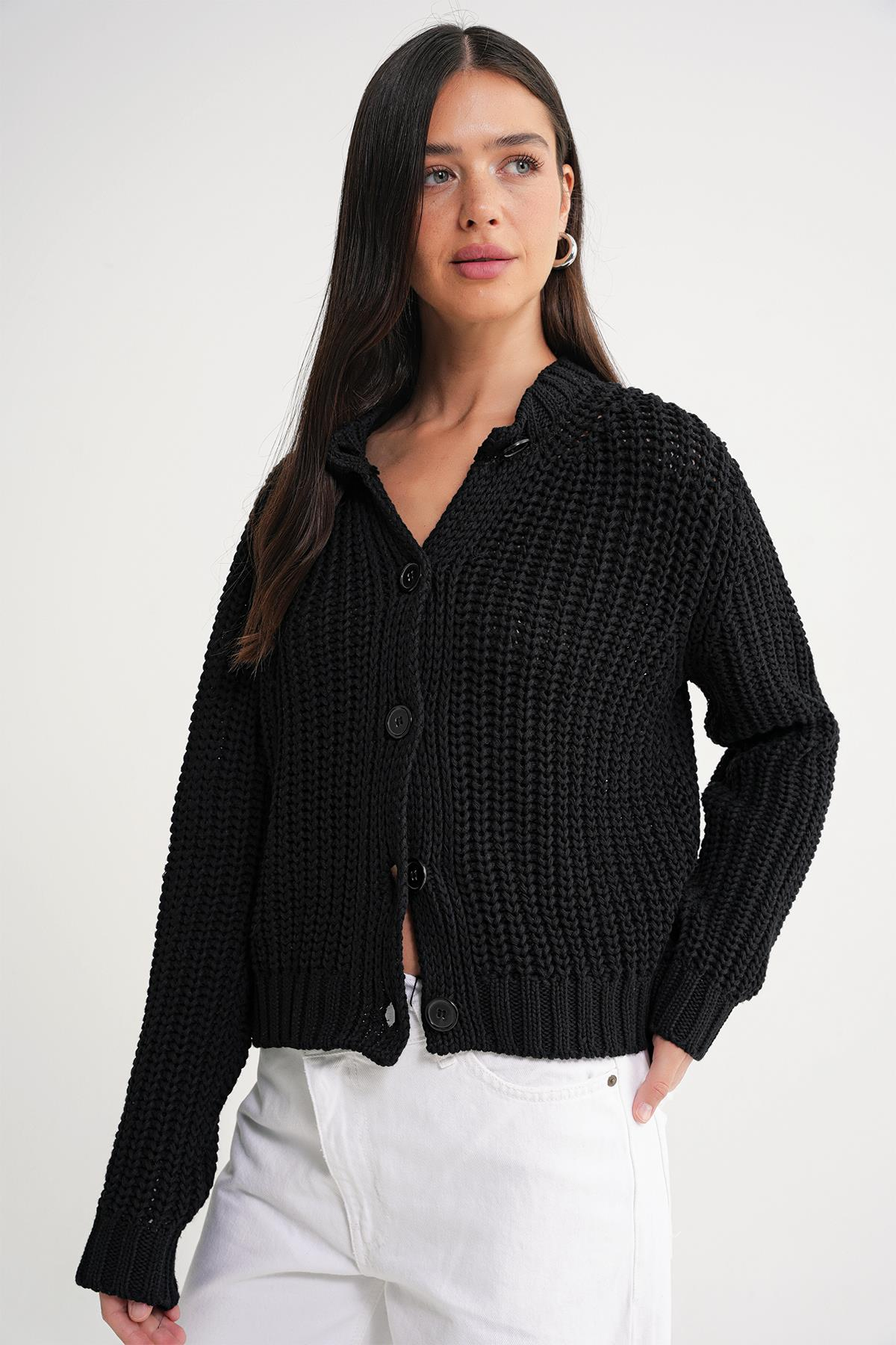 6936 Kadın Selanik Düğmeli Regular Fit Triko Hırka Siyah