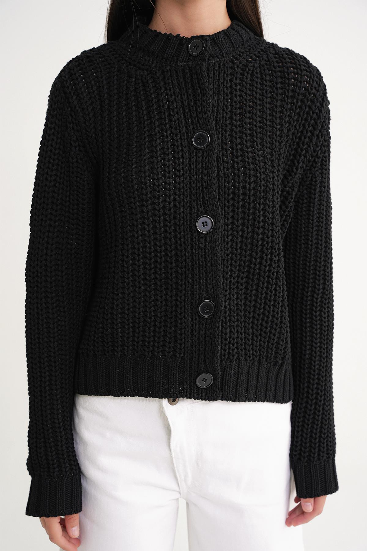 6936 Kadın Selanik Düğmeli Regular Fit Triko Hırka Siyah