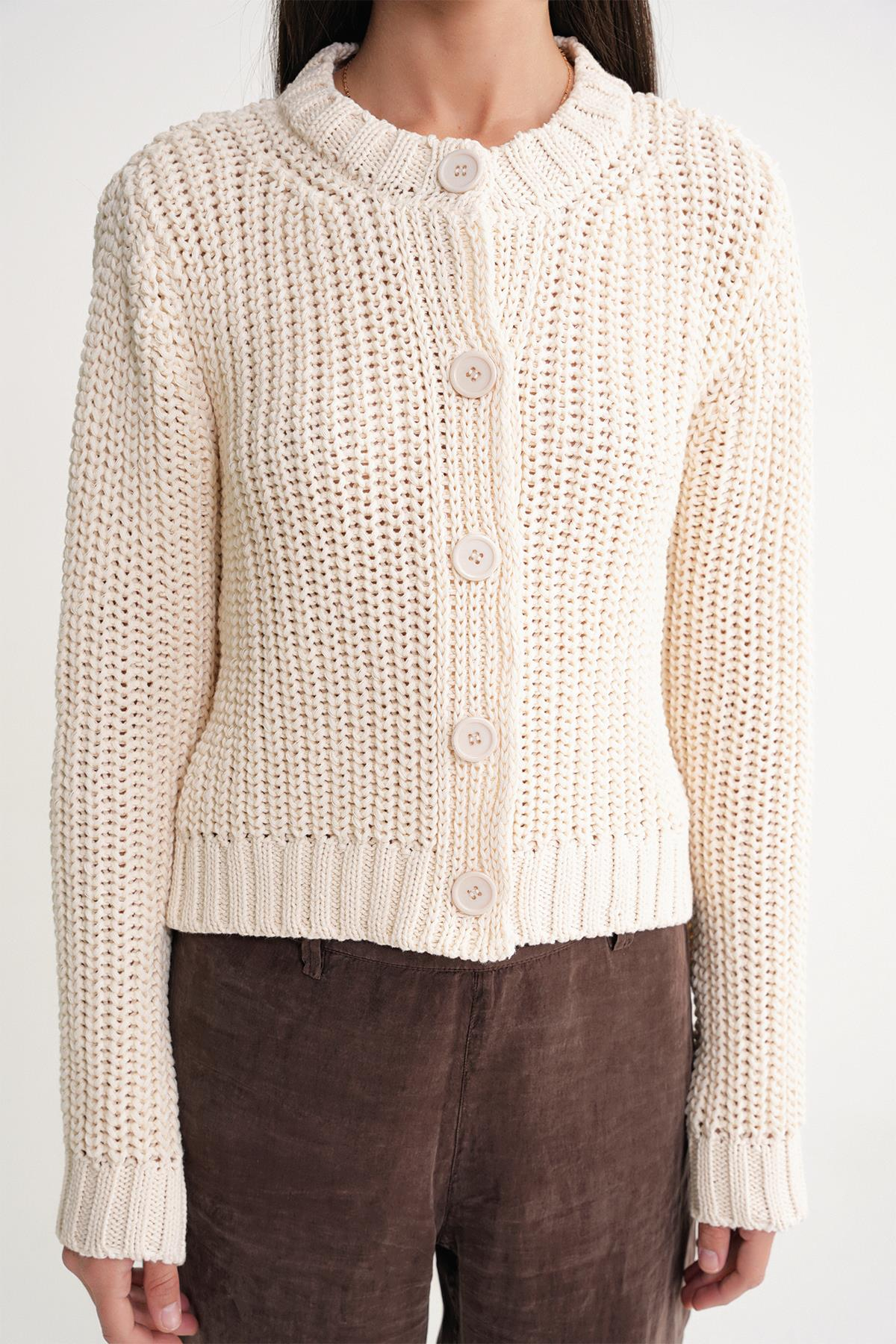 6936 Kadın Selanik Düğmeli Regular Fit Triko Hırka Naturel