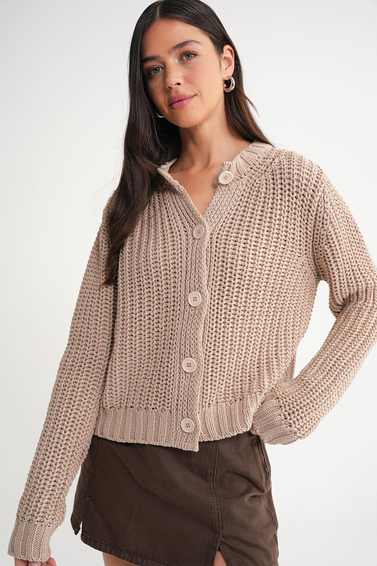 6936 Kadın Selanik Düğmeli Regular Fit Triko Hırka Camel