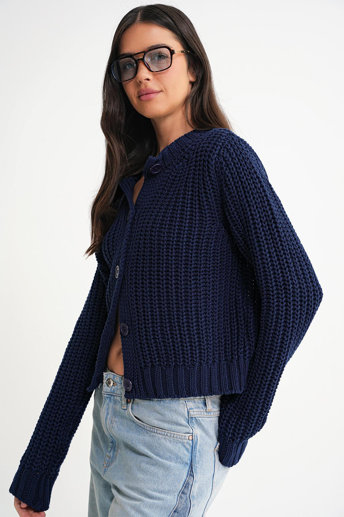 6936 Kadın Selanik Düğmeli Regular Fit Triko Hırka Lacivert