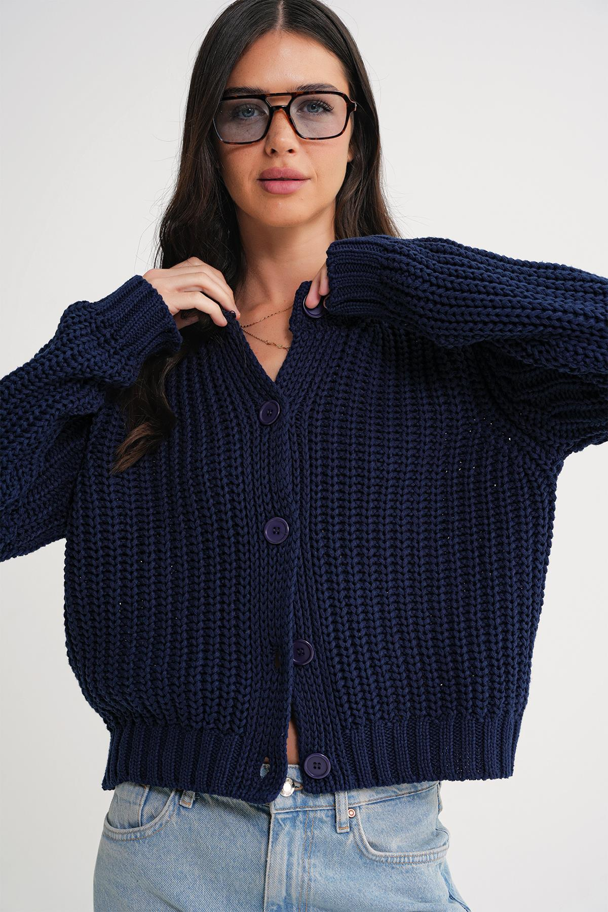 6936 Kadın Selanik Düğmeli Regular Fit Triko Hırka Lacivert