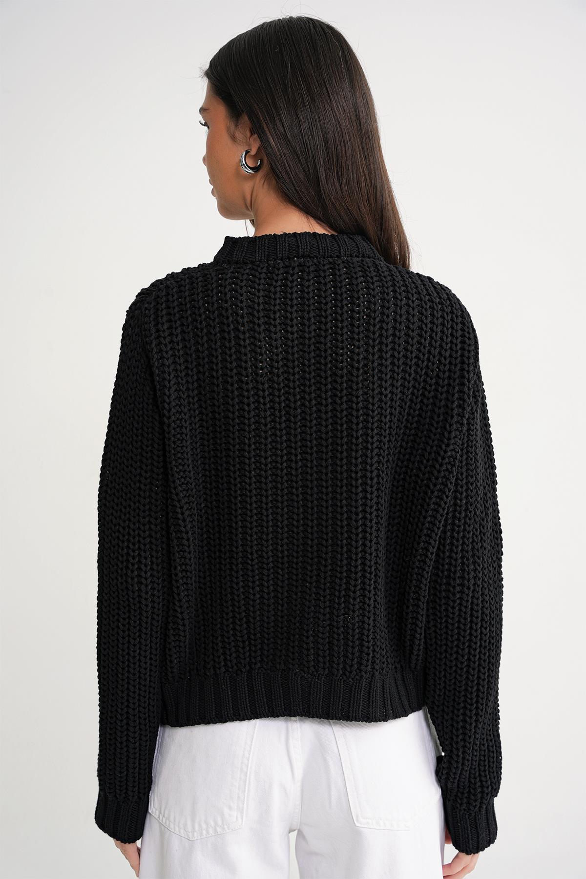 6936 Kadın Selanik Düğmeli Regular Fit Triko Hırka Siyah