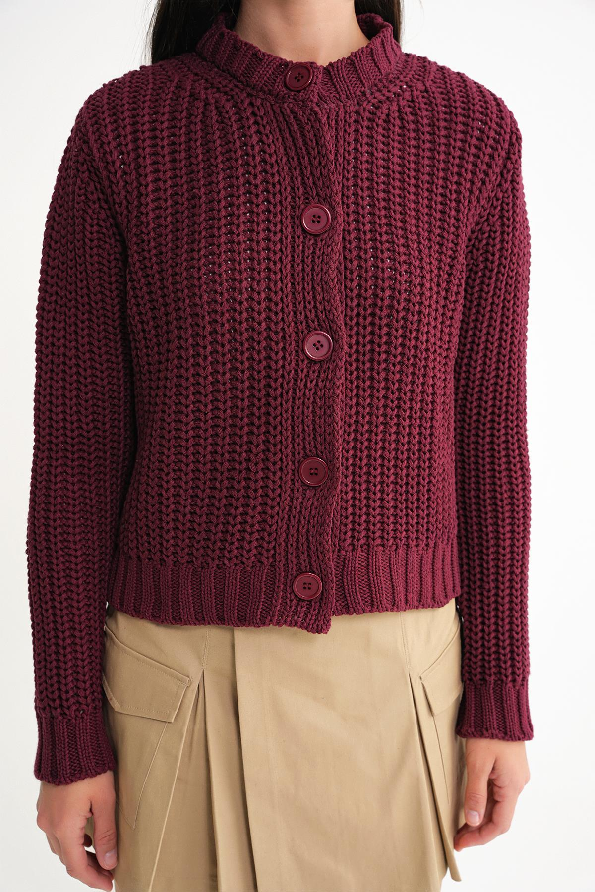 6936 Kadın Selanik Düğmeli Regular Fit Triko Hırka Bordo