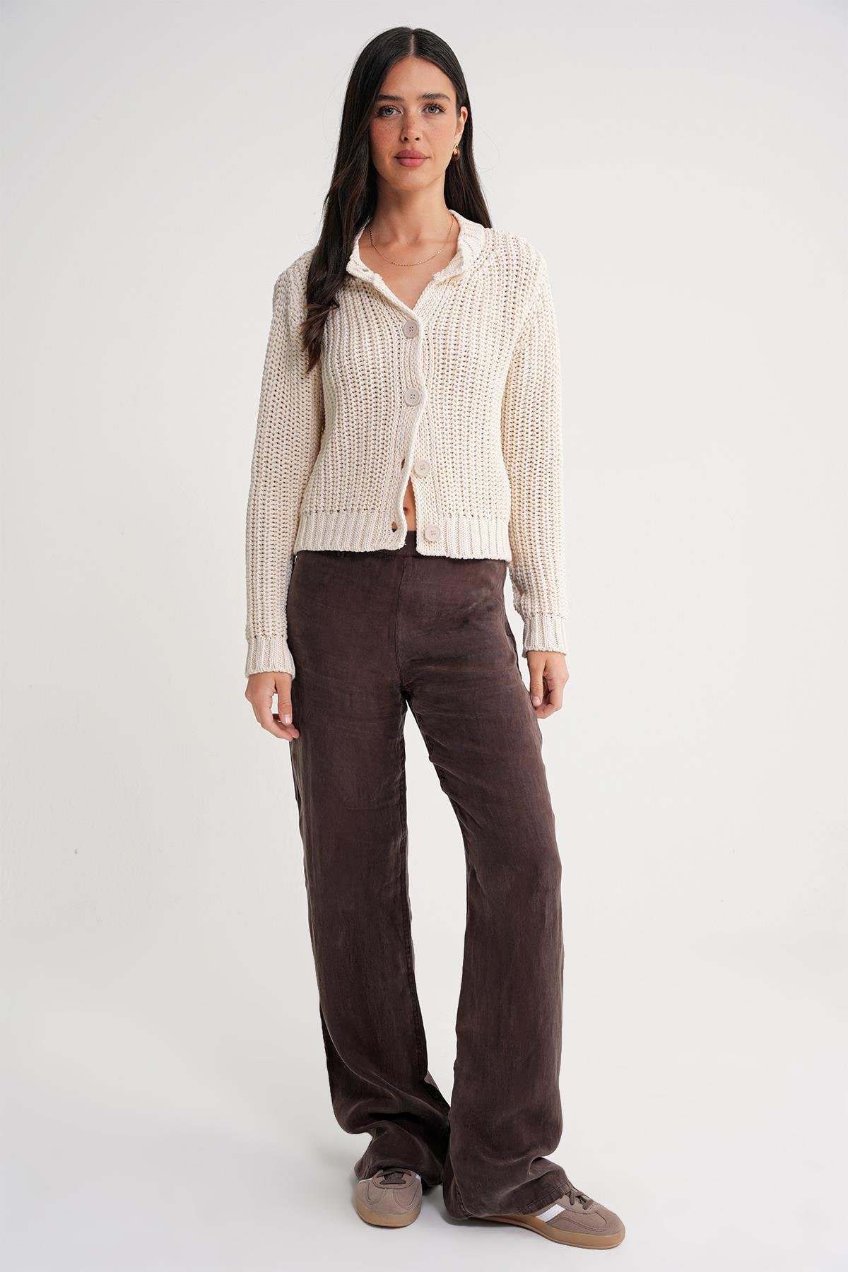 6936 Kadın Selanik Düğmeli Regular Fit Triko Hırka Naturel