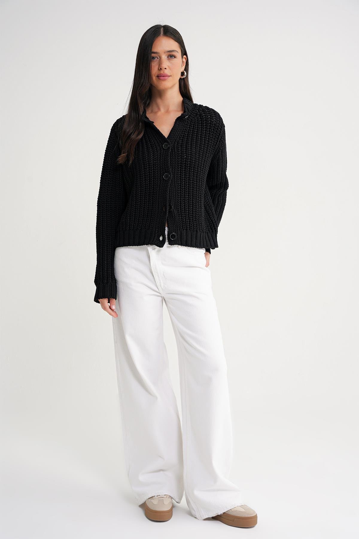 6936 Kadın Selanik Düğmeli Regular Fit Triko Hırka Siyah