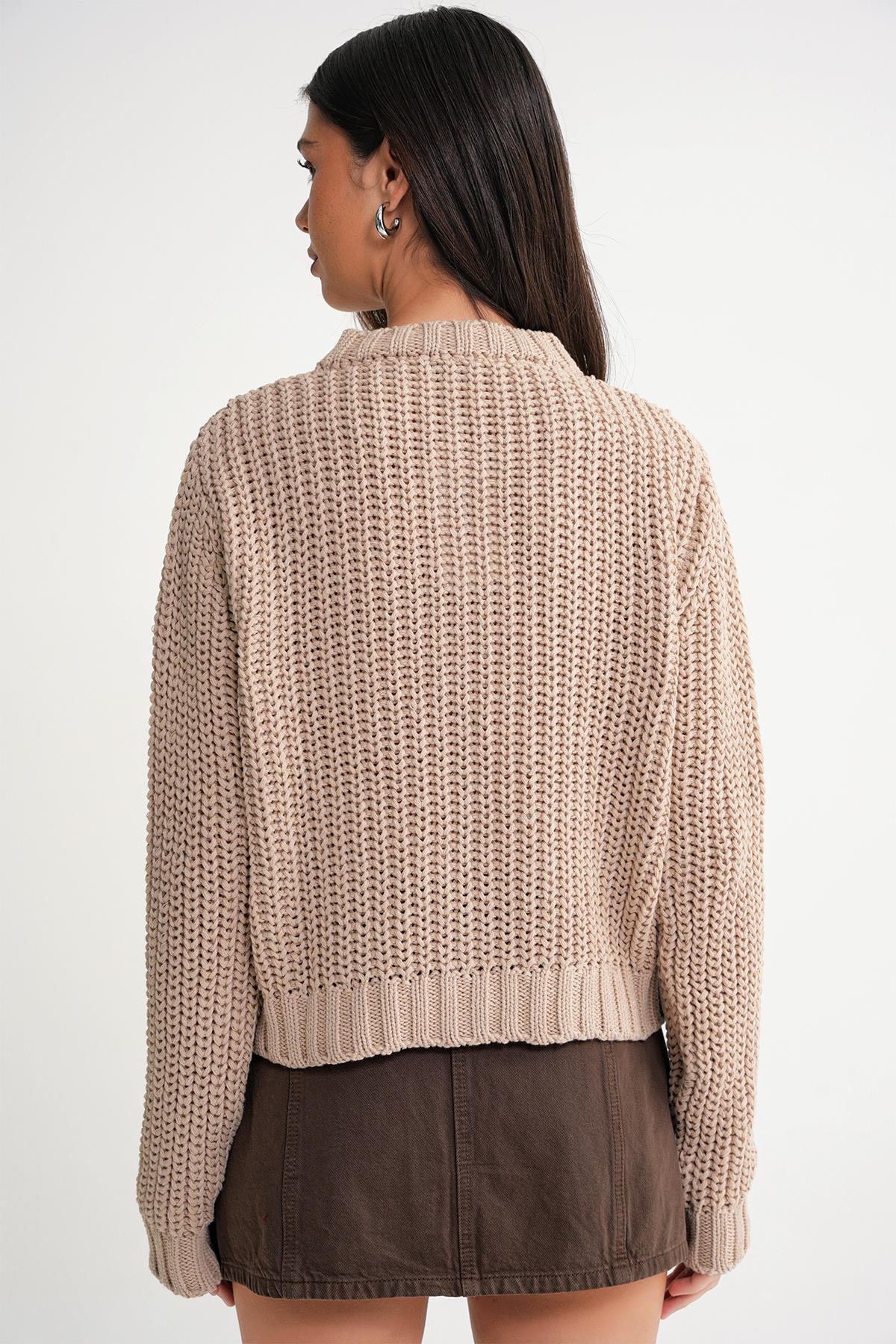 6936 Kadın Selanik Düğmeli Regular Fit Triko Hırka Camel