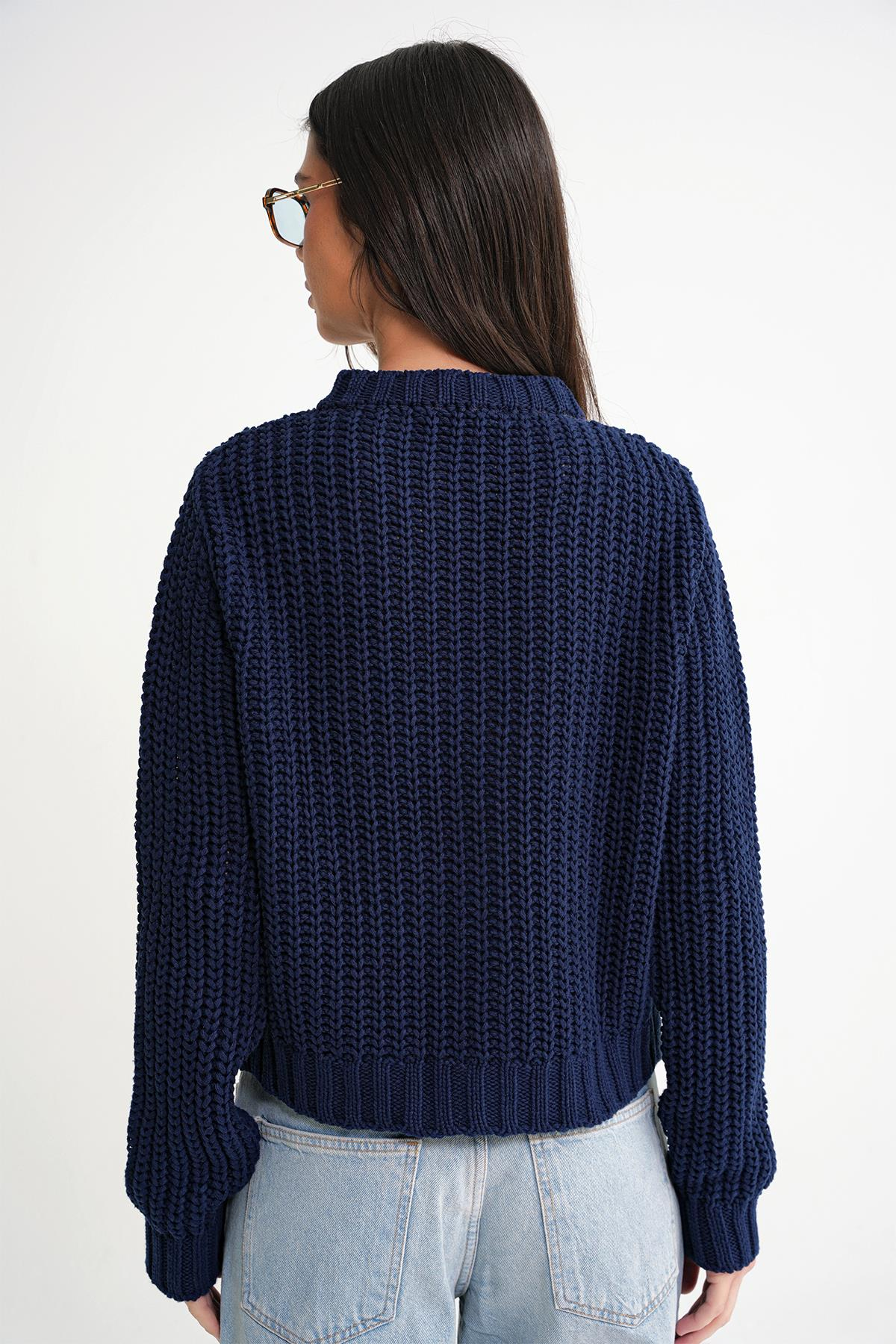 6936 Kadın Selanik Düğmeli Regular Fit Triko Hırka Lacivert