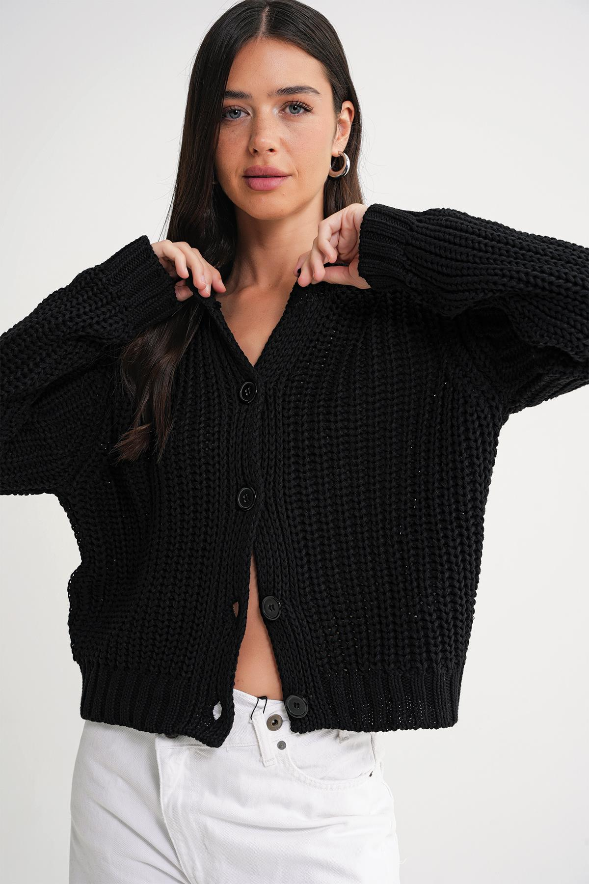 6936 Kadın Selanik Düğmeli Regular Fit Triko Hırka Siyah