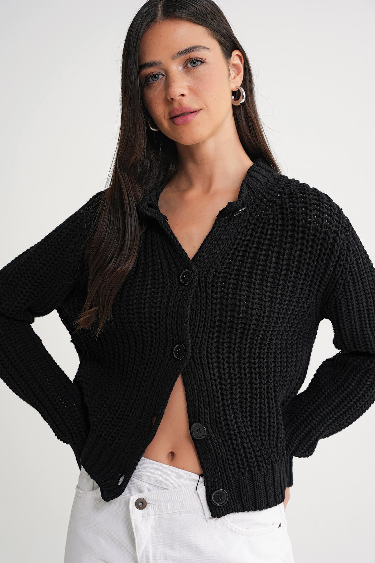 6936 Kadın Selanik Düğmeli Regular Fit Triko Hırka Siyah