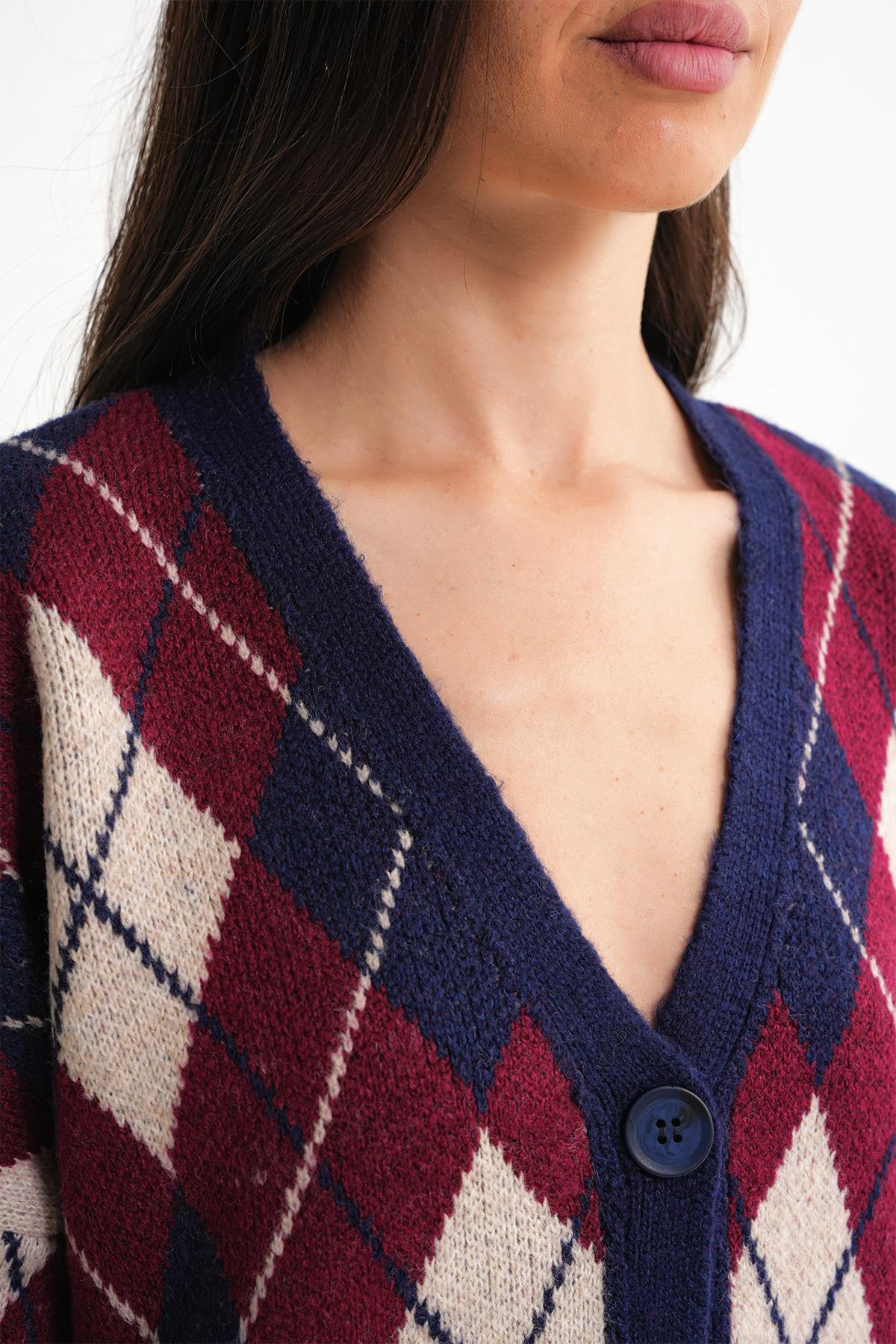 6937 Kadın Baklava Desenli Oversize Triko Hırka Lacivert