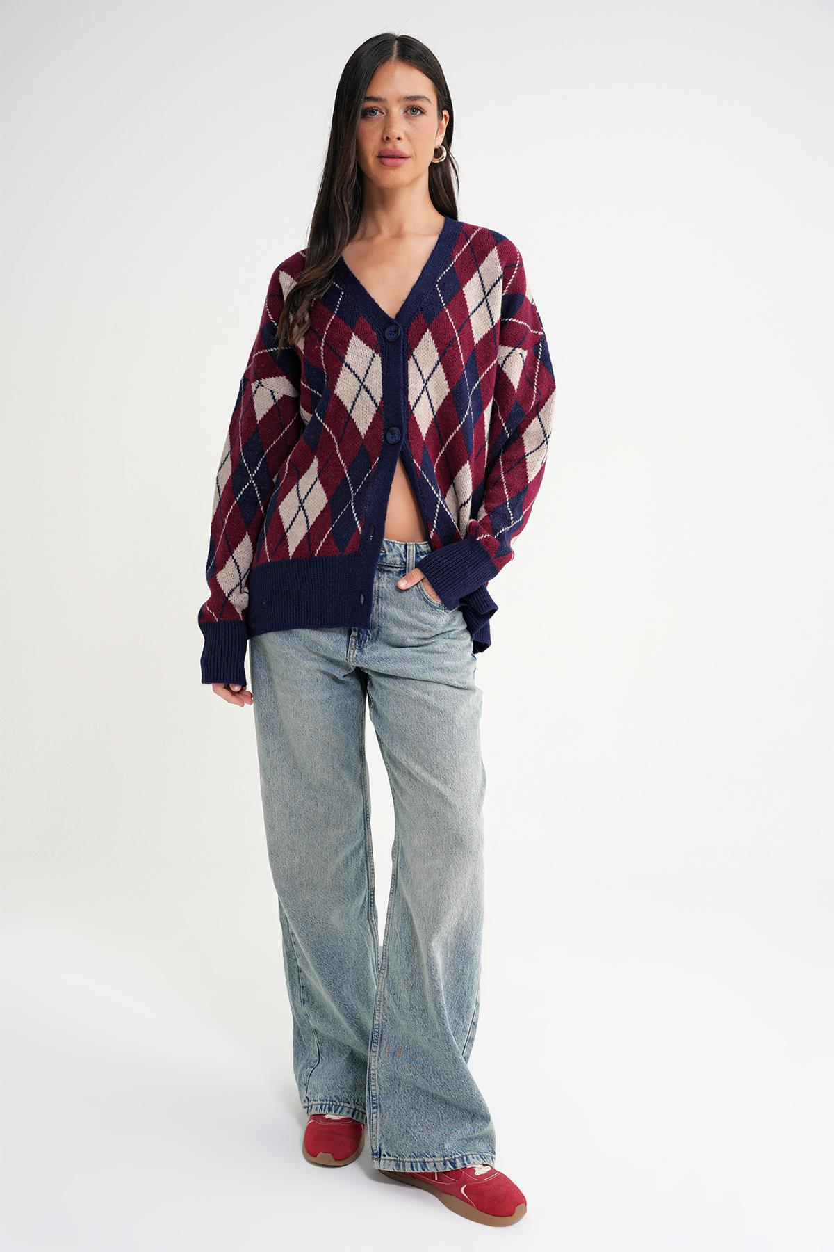 6937 Kadın Baklava Desenli Oversize Triko Hırka Lacivert