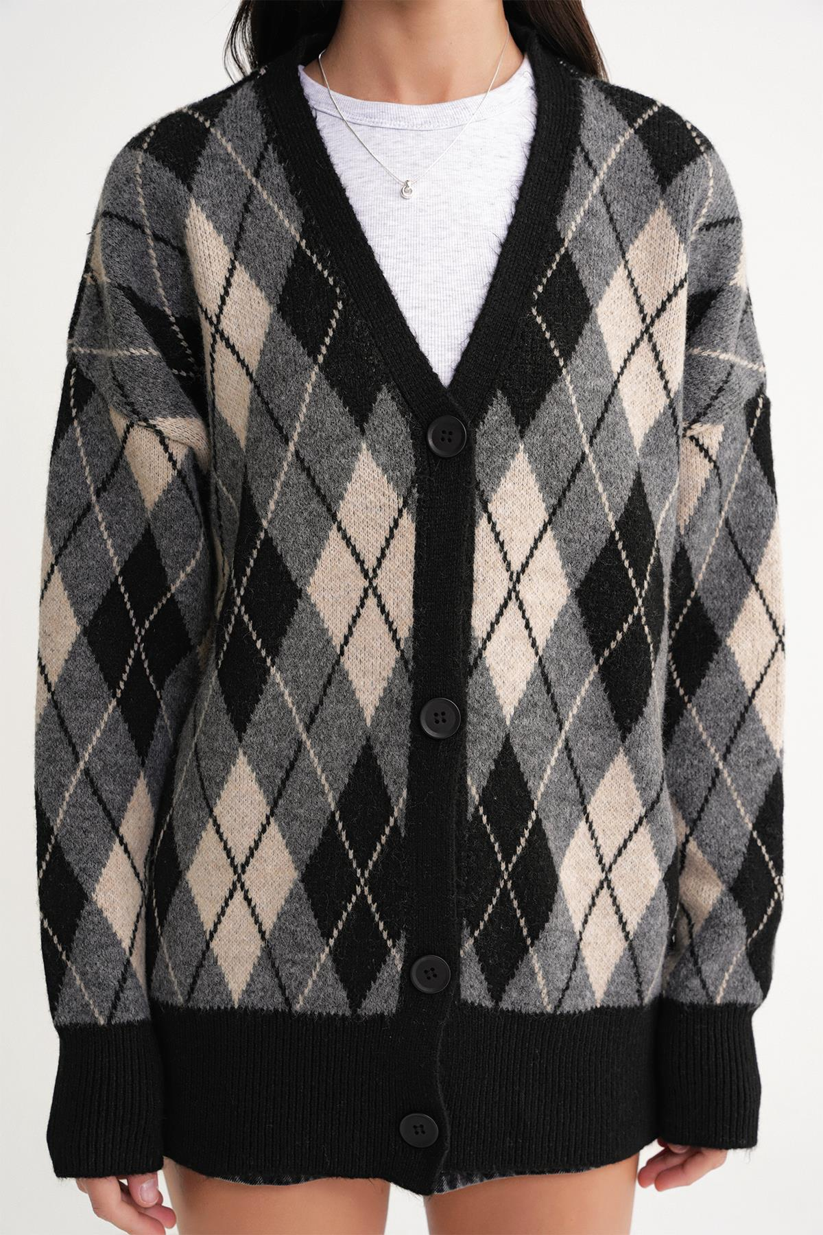 6937 Kadın Baklava Desenli Oversize Triko Hırka Siyah