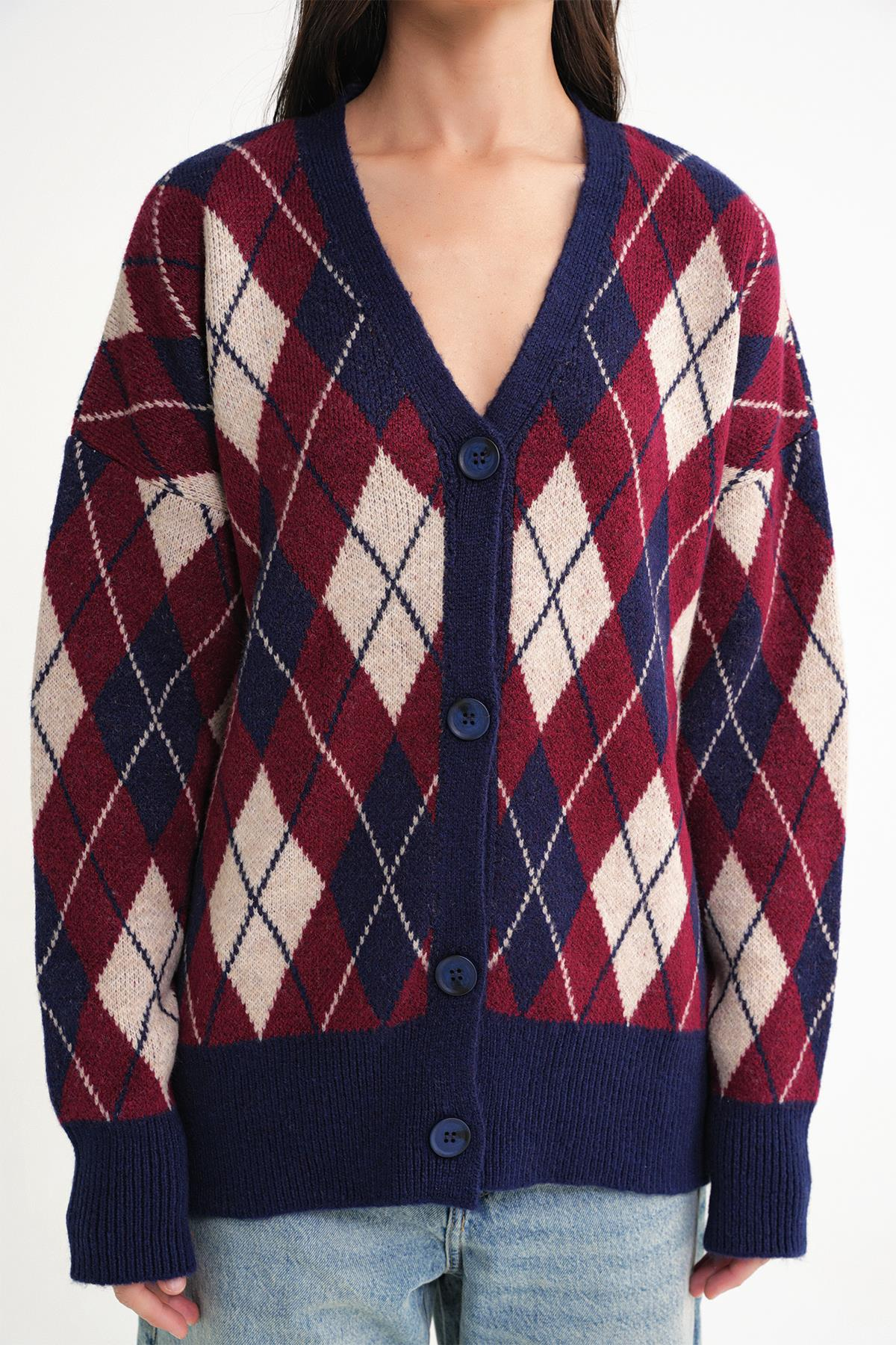 6937 Kadın Baklava Desenli Oversize Triko Hırka Lacivert