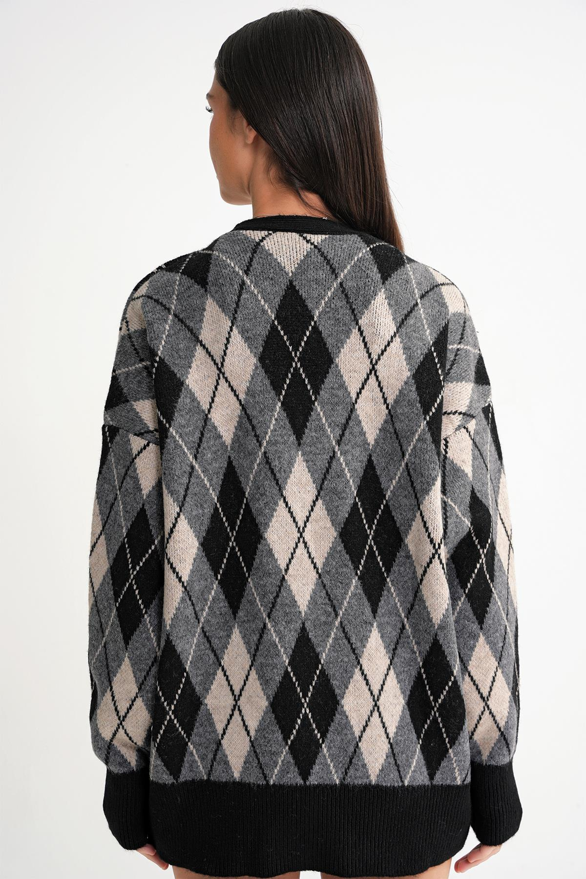 6937 Kadın Baklava Desenli Oversize Triko Hırka Siyah