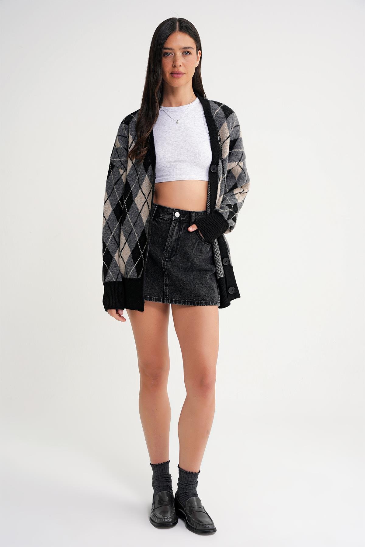 6937 Kadın Baklava Desenli Oversize Triko Hırka Siyah