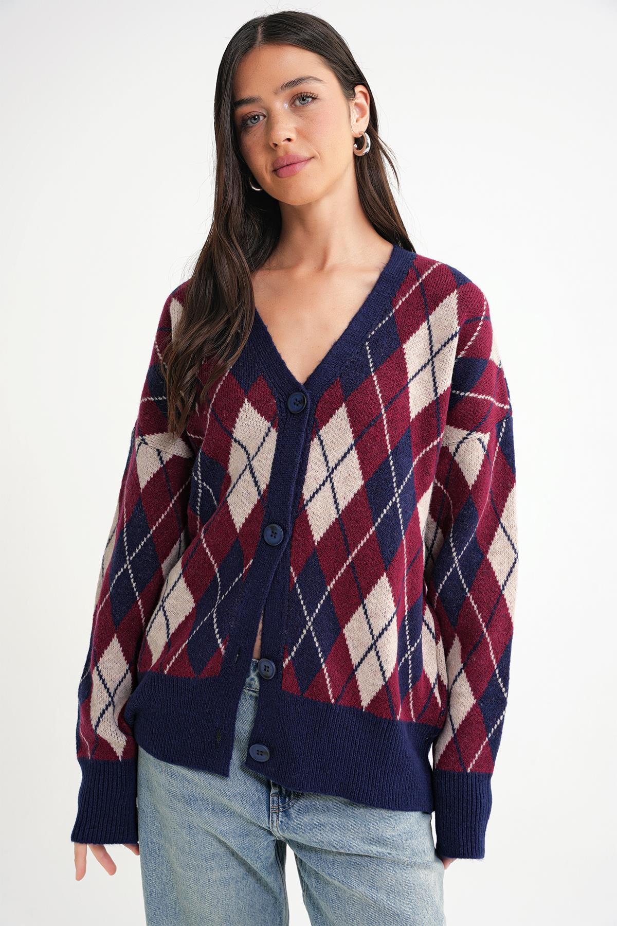 6937 Kadın Baklava Desenli Oversize Triko Hırka Lacivert