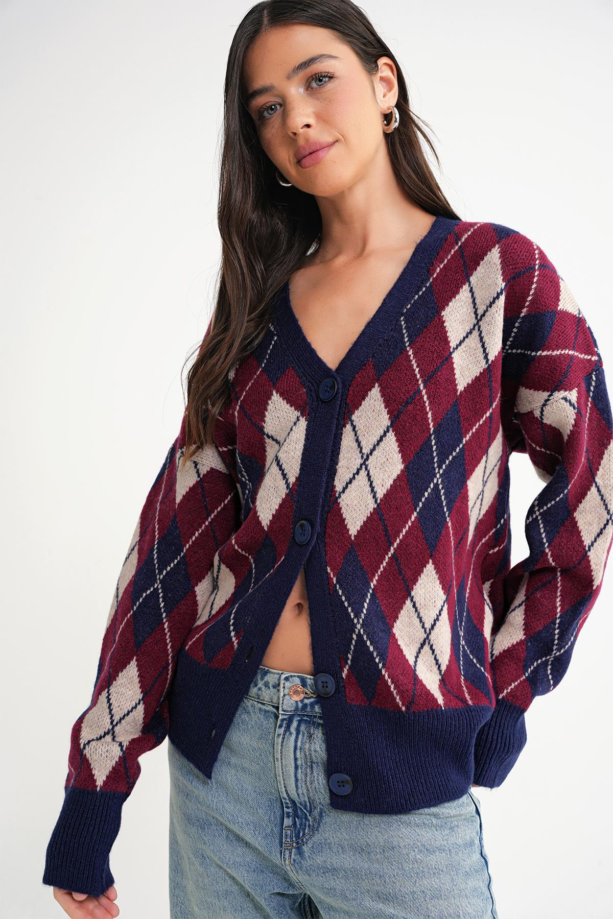 6937 Kadın Baklava Desenli Oversize Triko Hırka Lacivert