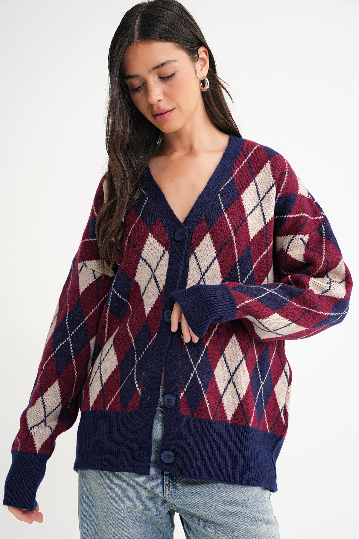 6937 Kadın Baklava Desenli Oversize Triko Hırka Lacivert