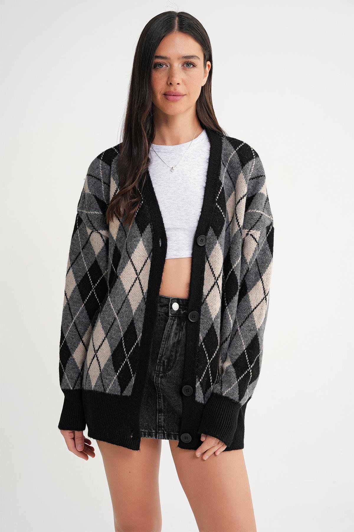 6937 Kadın Baklava Desenli Oversize Triko Hırka Siyah