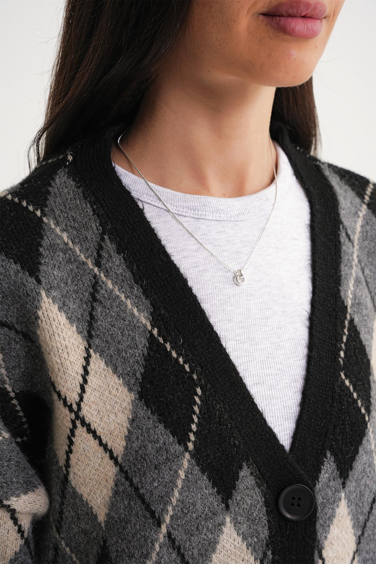 6937 Kadın Baklava Desenli Oversize Triko Hırka Siyah