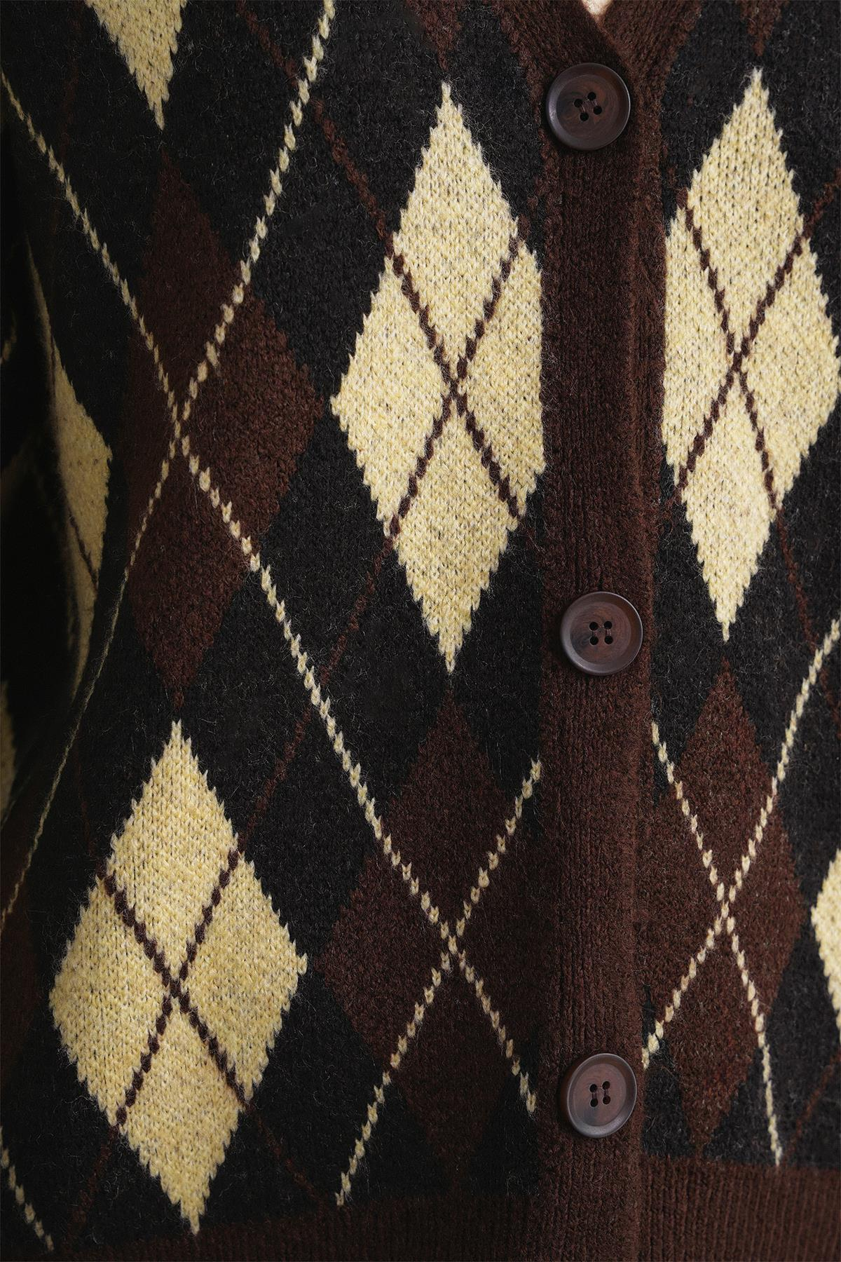 6937 Kadın Baklava Desenli Oversize Triko Hırka Kahve