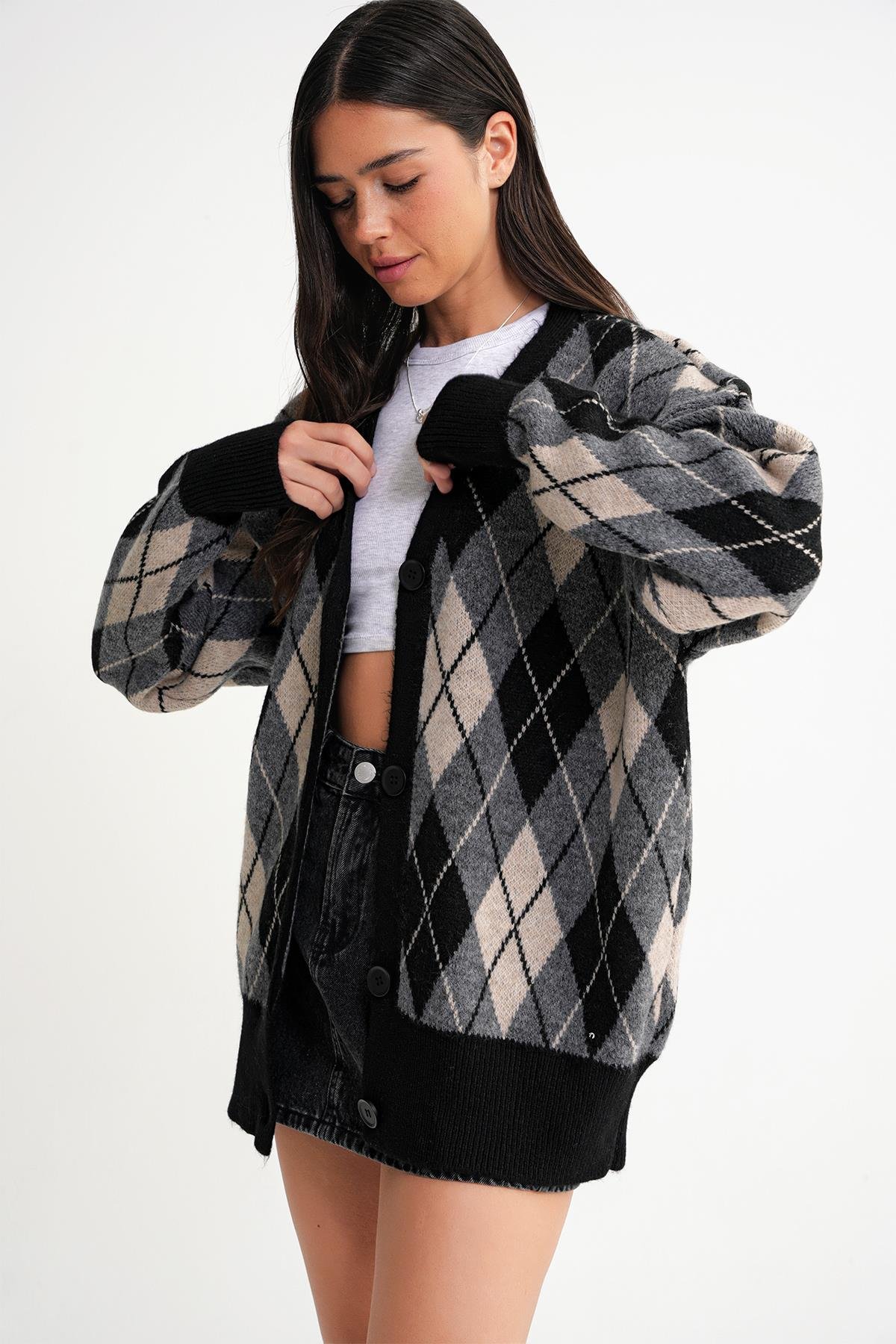 6937 Kadın Baklava Desenli Oversize Triko Hırka Siyah